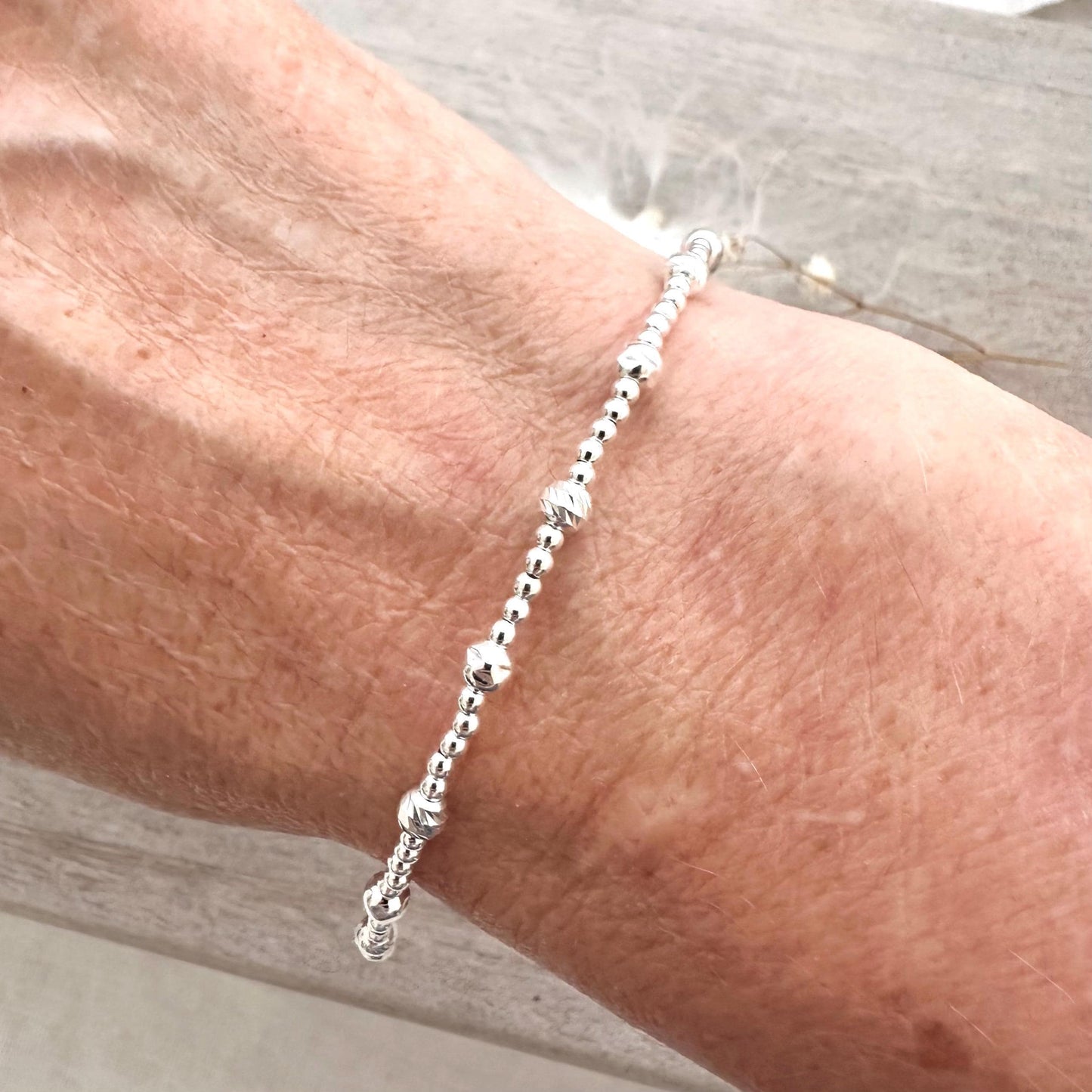 Silver Bead Layering Bracelet, sterling silver 4mm beads textured bracelet