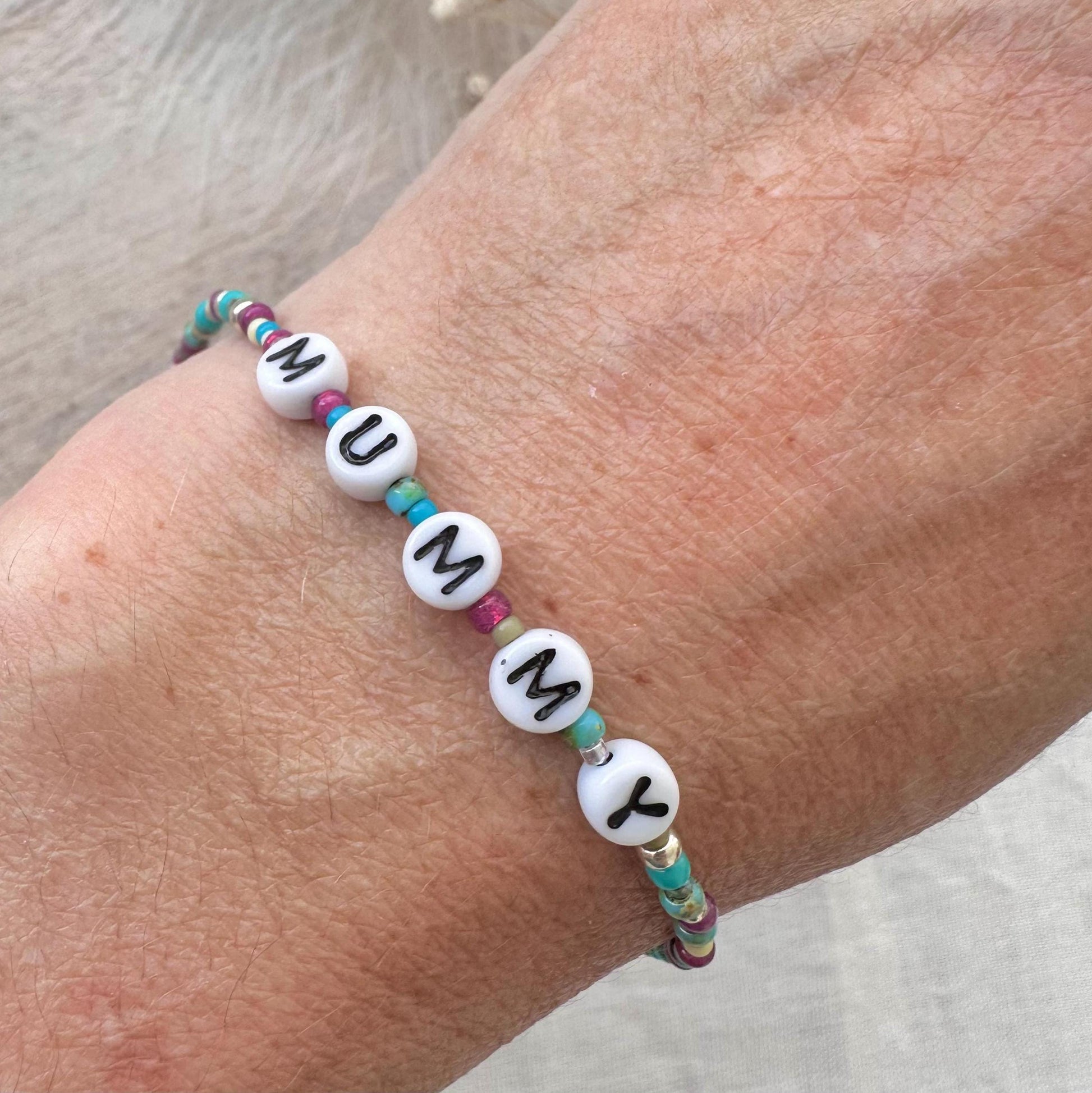 MUMMY Beaded Bracelet, Mummy Gift for Christmas or Birthday with glass letter beads in sterling silver