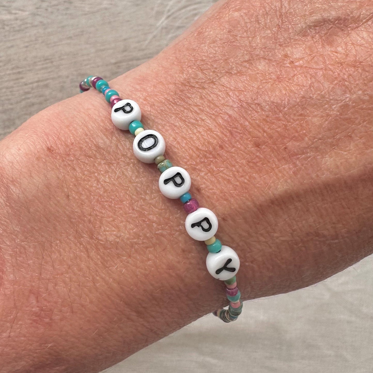 Personalised Beaded Name Bracelet, Birthday Gift for Girls with glass letter and seed beads