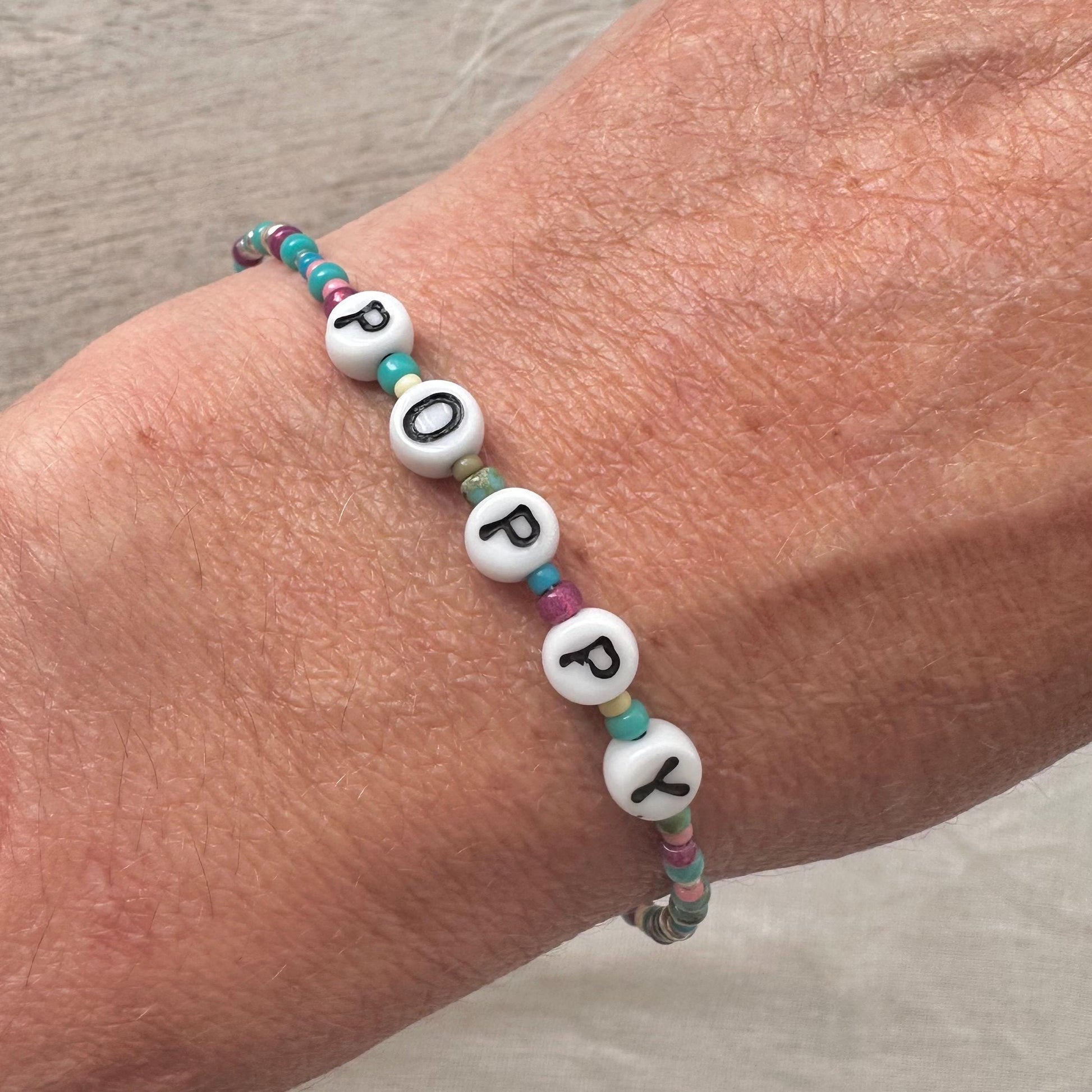 Personalised Beaded Name Bracelet, Birthday Gift for Girls with glass letter and seed beads