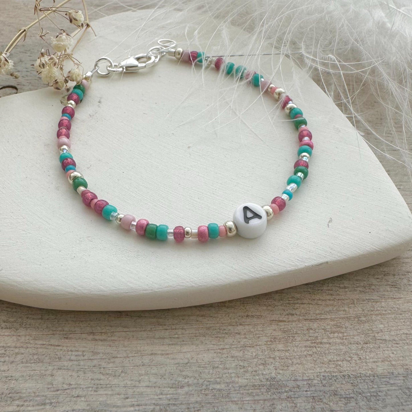 Beaded initial bracelet with personalised glass bead, colourful initial jewellery with seed beads