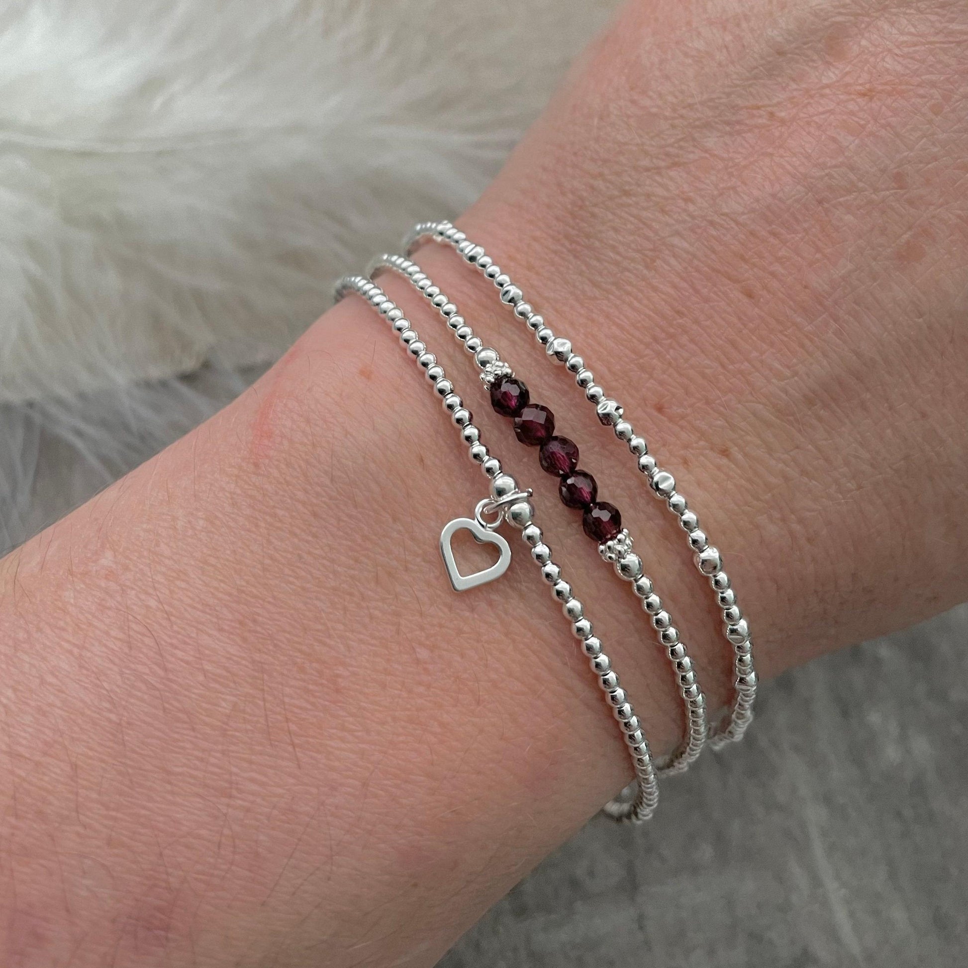 A Dainty January Birthstone Garnet Bracelet Set, January Stacking Bracelets for Women in Sterling Silver