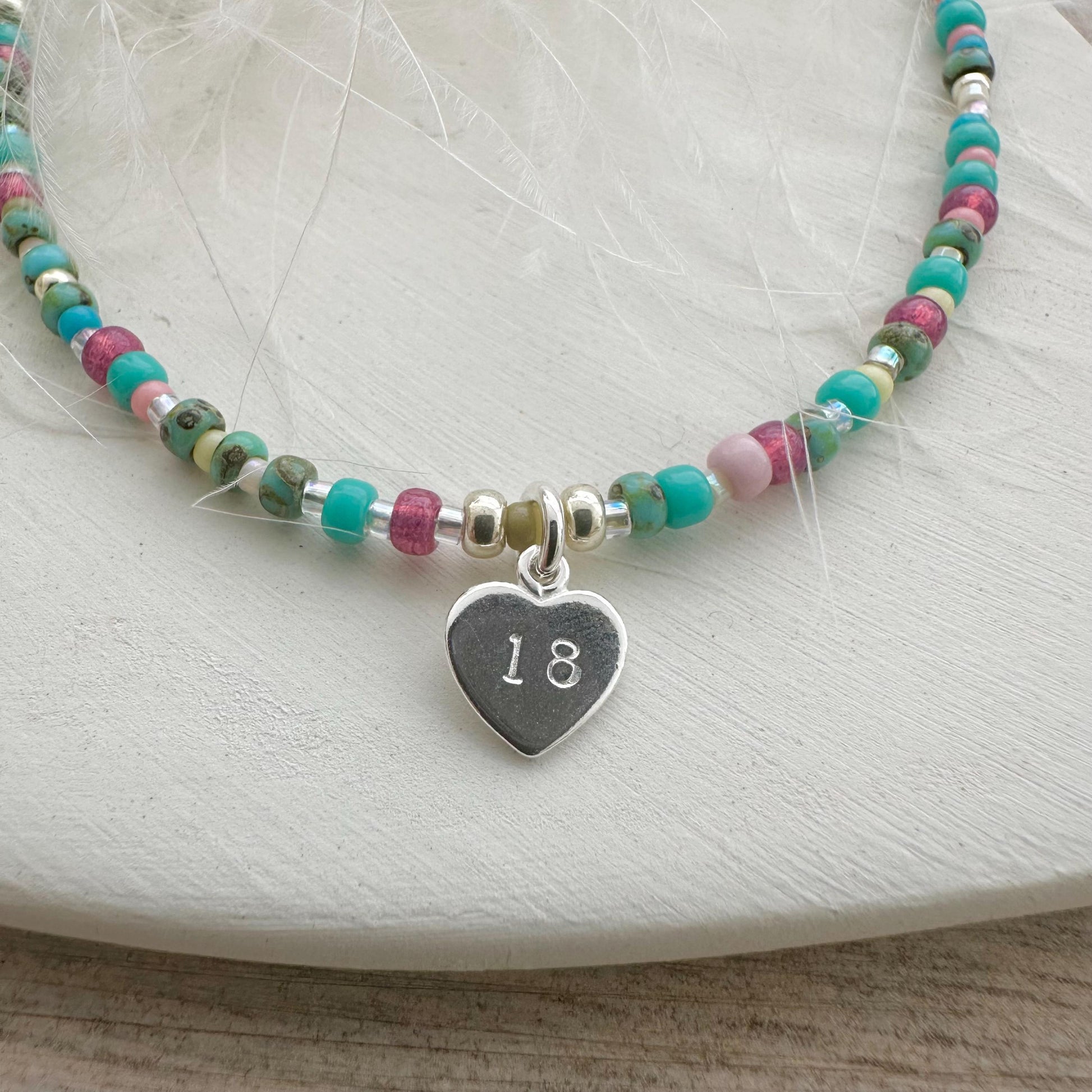 Glass Beaded Necklace with Age Charm 16th 18th 21st 30th 40th 50th 60th Milestone Birthday Jewellery with seed beads