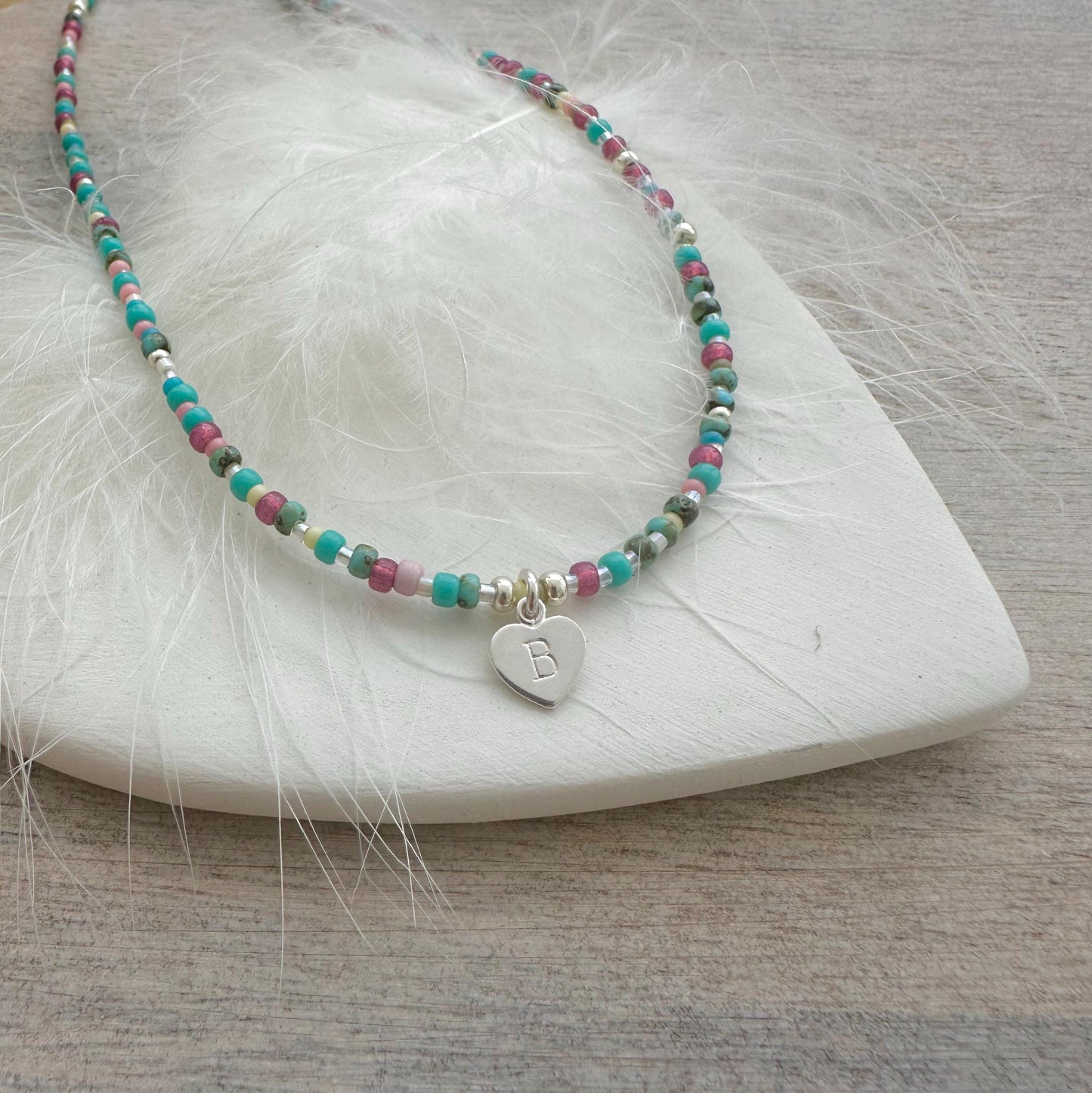 Initial Glass Beaded Necklace with Letter Charm, Personalised Jewellery for Ladies with seed beads