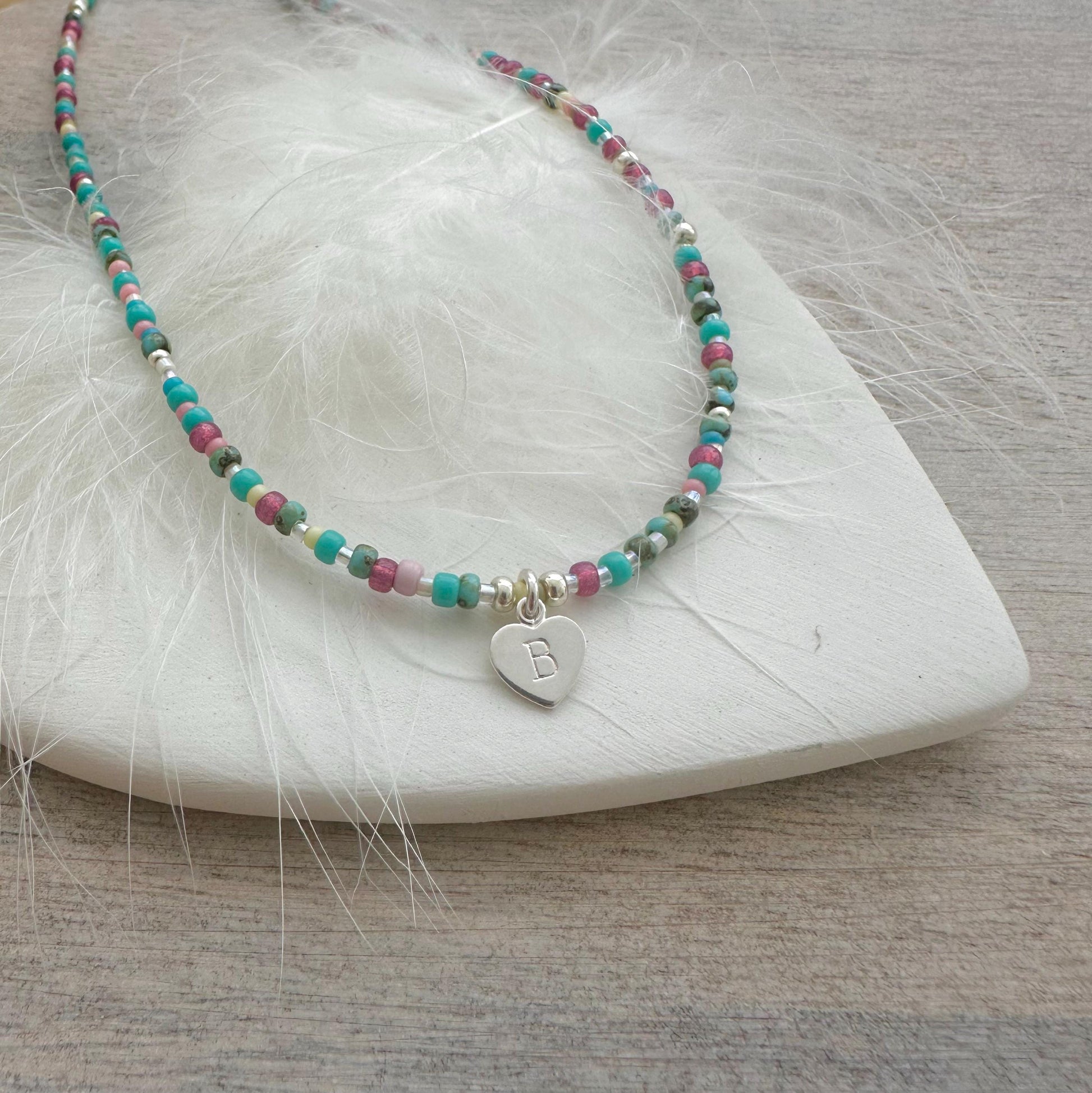 Initial Glass Beaded Necklace with Letter Charm, Personalised Jewellery for Ladies with seed beads