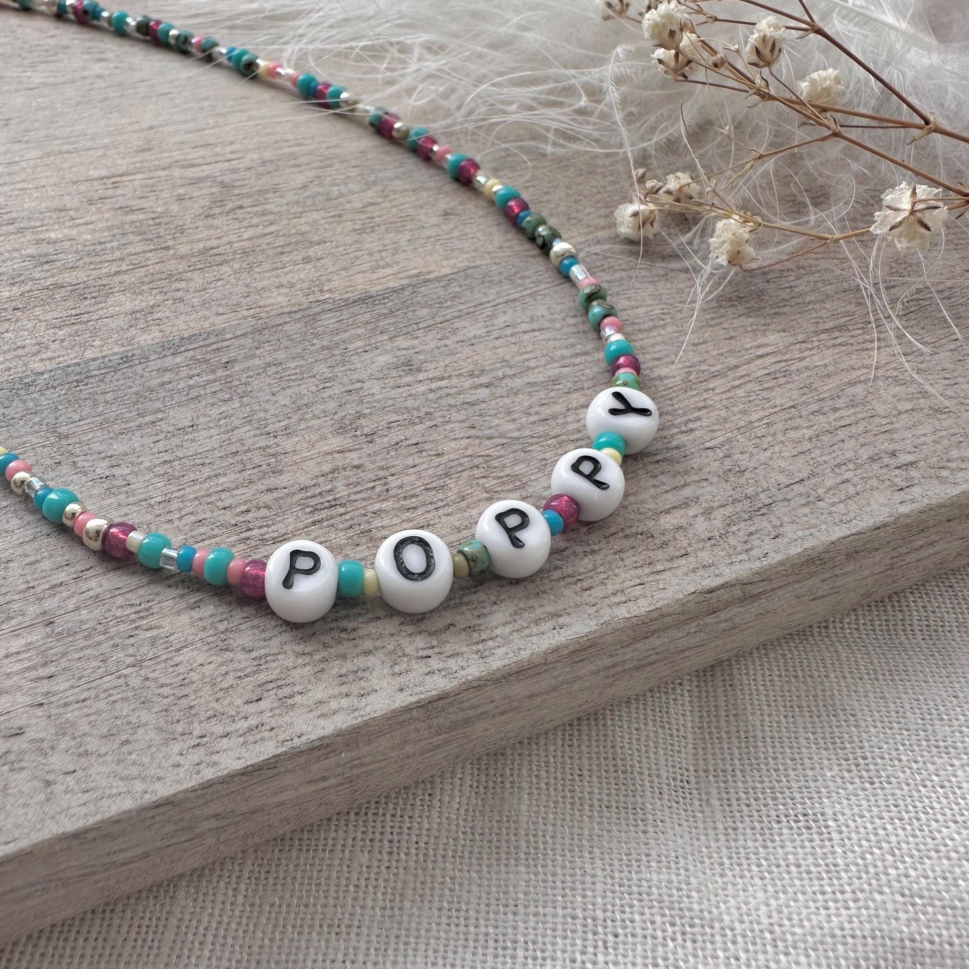 Personalised Beaded Name Necklace, Birthday Gift for girls with glass letter beads