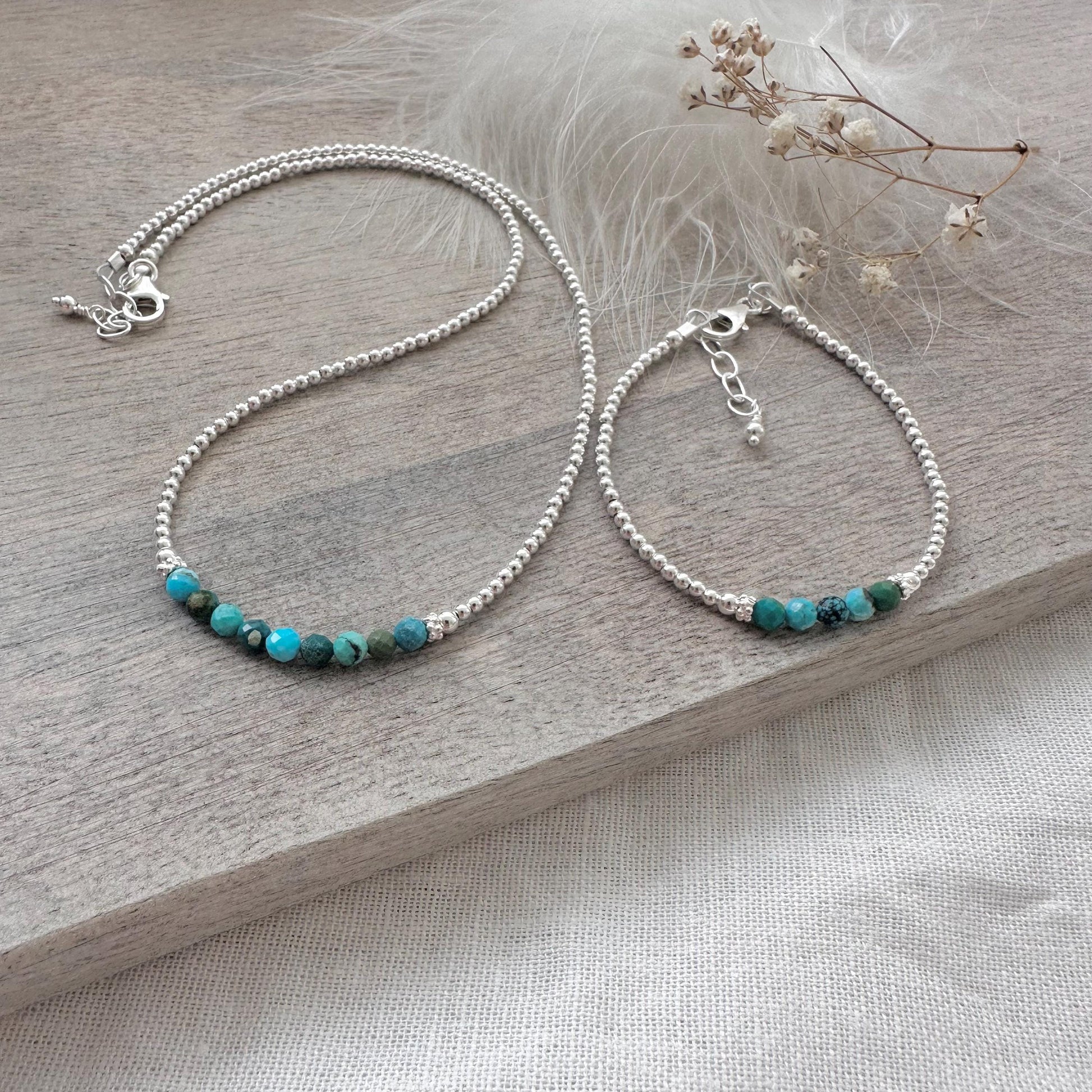 Birthstone Bead Bracelet & Necklace Set in Sterling Silver, Jewellery Set for women for birthday gift