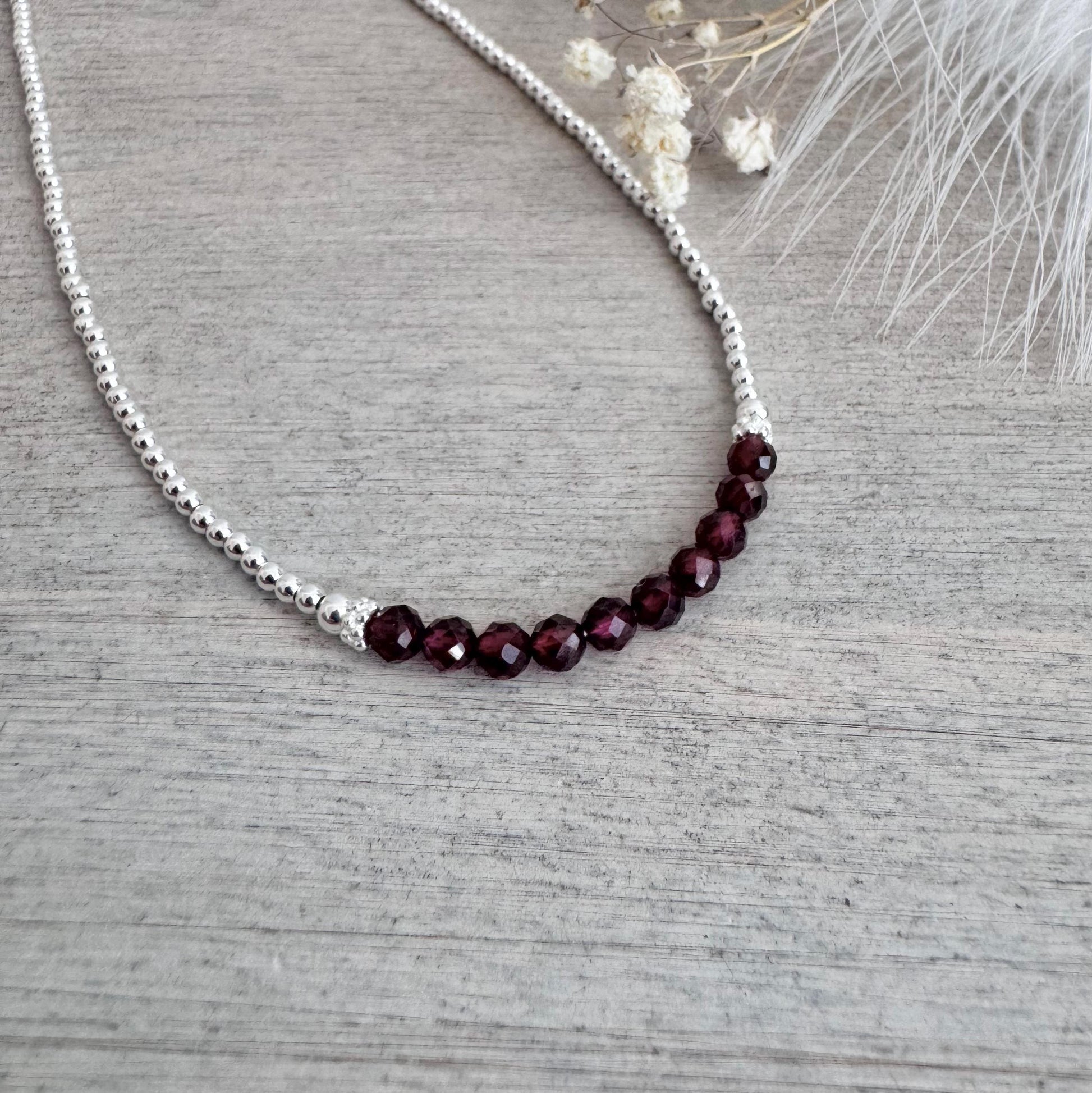 Thin Garnet and Sterling Silver Bead Necklace, dainty necklace