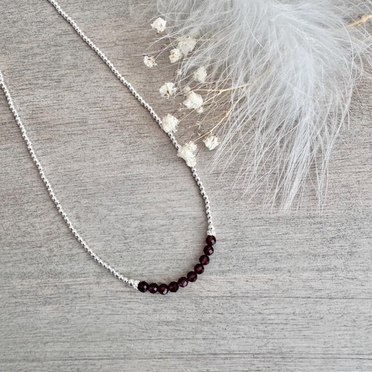 Thin Garnet and Sterling Silver Bead Necklace, dainty necklace
