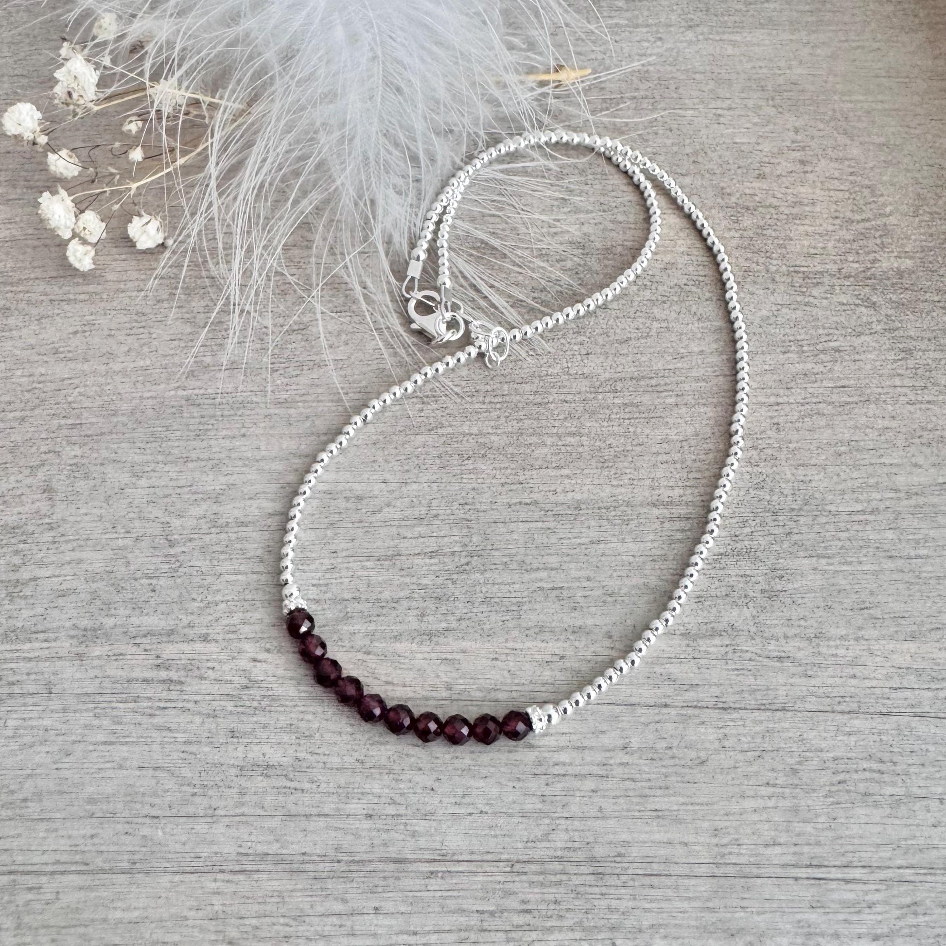 Thin Garnet and Sterling Silver Bead Necklace, dainty necklace