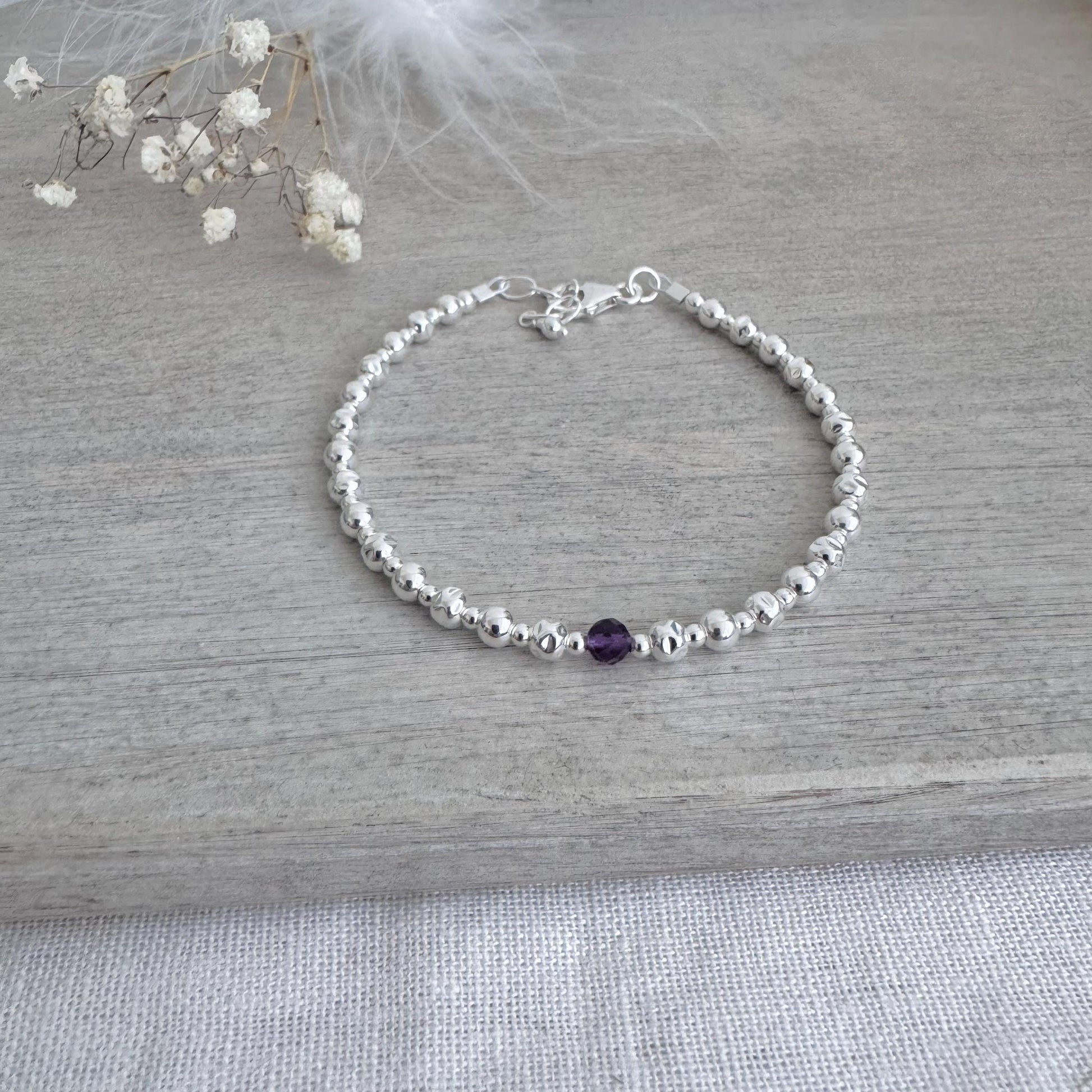 February Amethyst Textured Layering Bracelet, , 4mm sterling silver bead bracelet with February birthstone