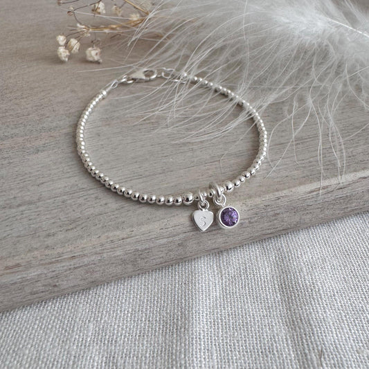 Dainty February Birthstone CZ Initial Bracelet, Personalised Jewellery