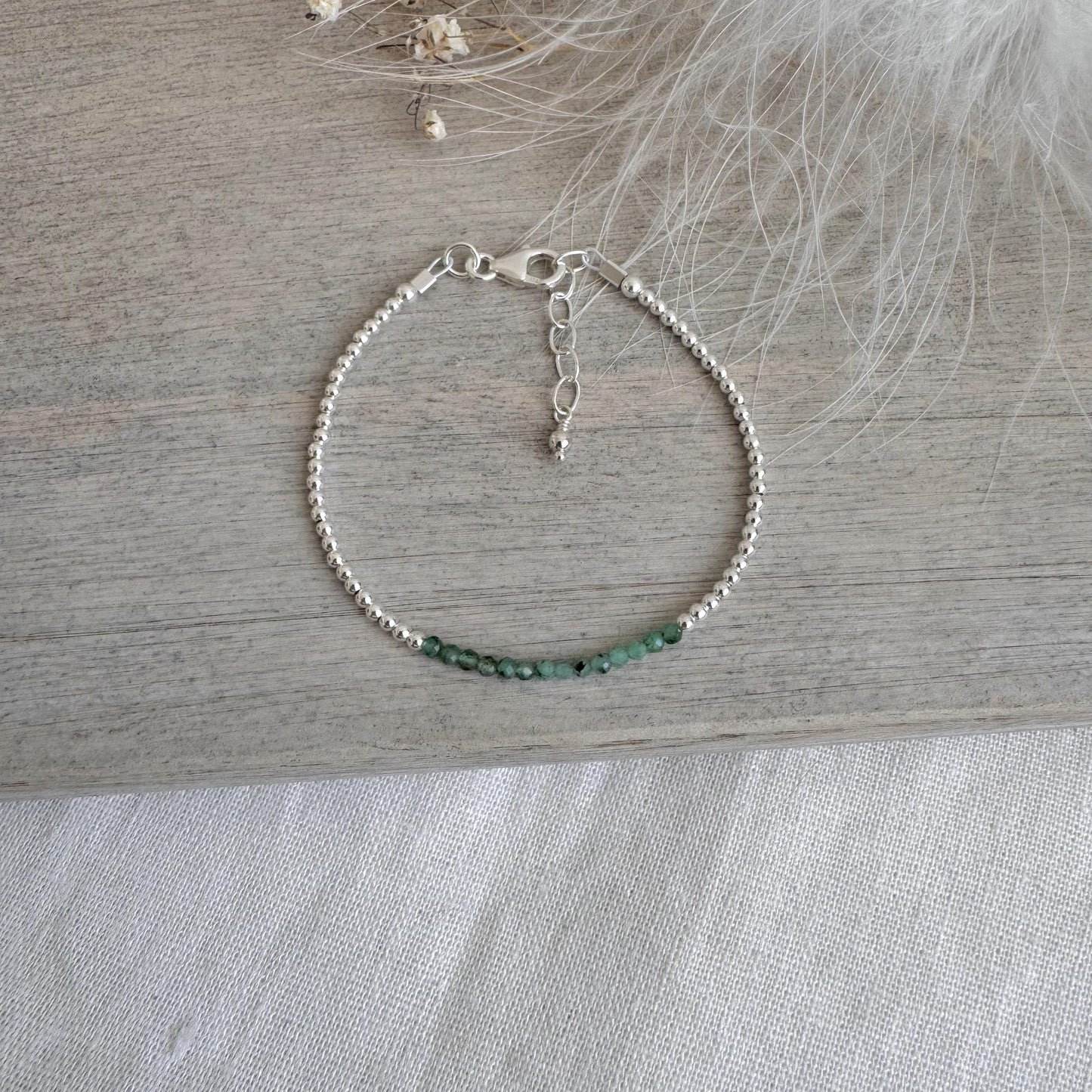Green Emerald May Birthstone Bracelet, dainty stacking bracelet in sterling silver
