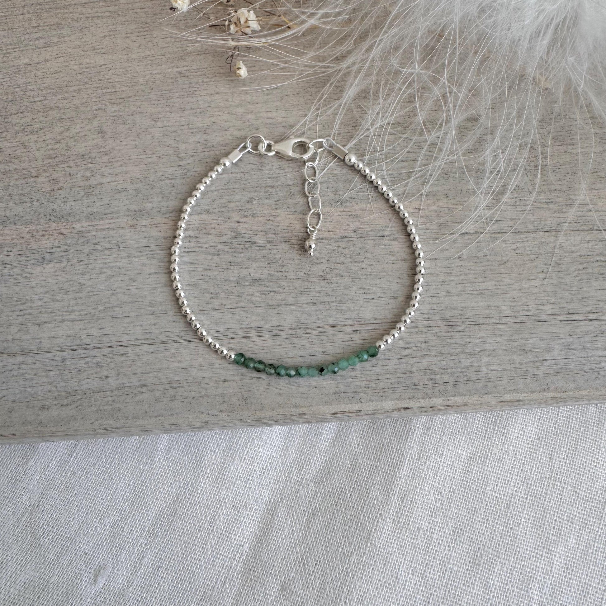 Green Emerald May Birthstone Bracelet, dainty stacking bracelet in sterling silver