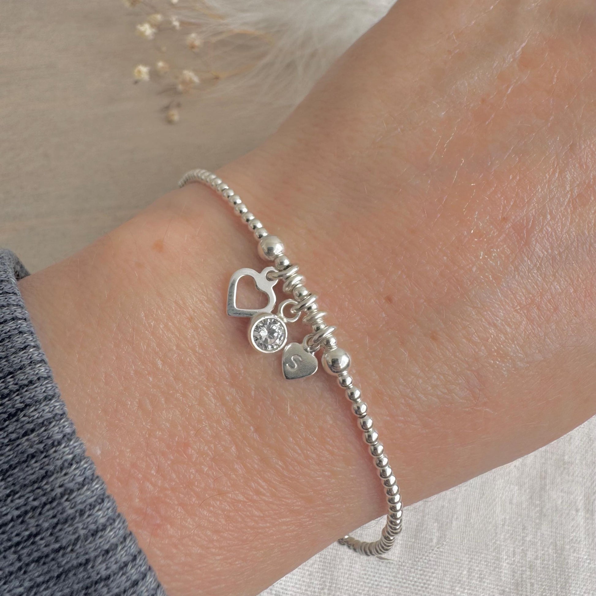 Personalised April Birthstone Bracelet for Birthday, Initial & Gem Crystal Charm in Sterling Silver