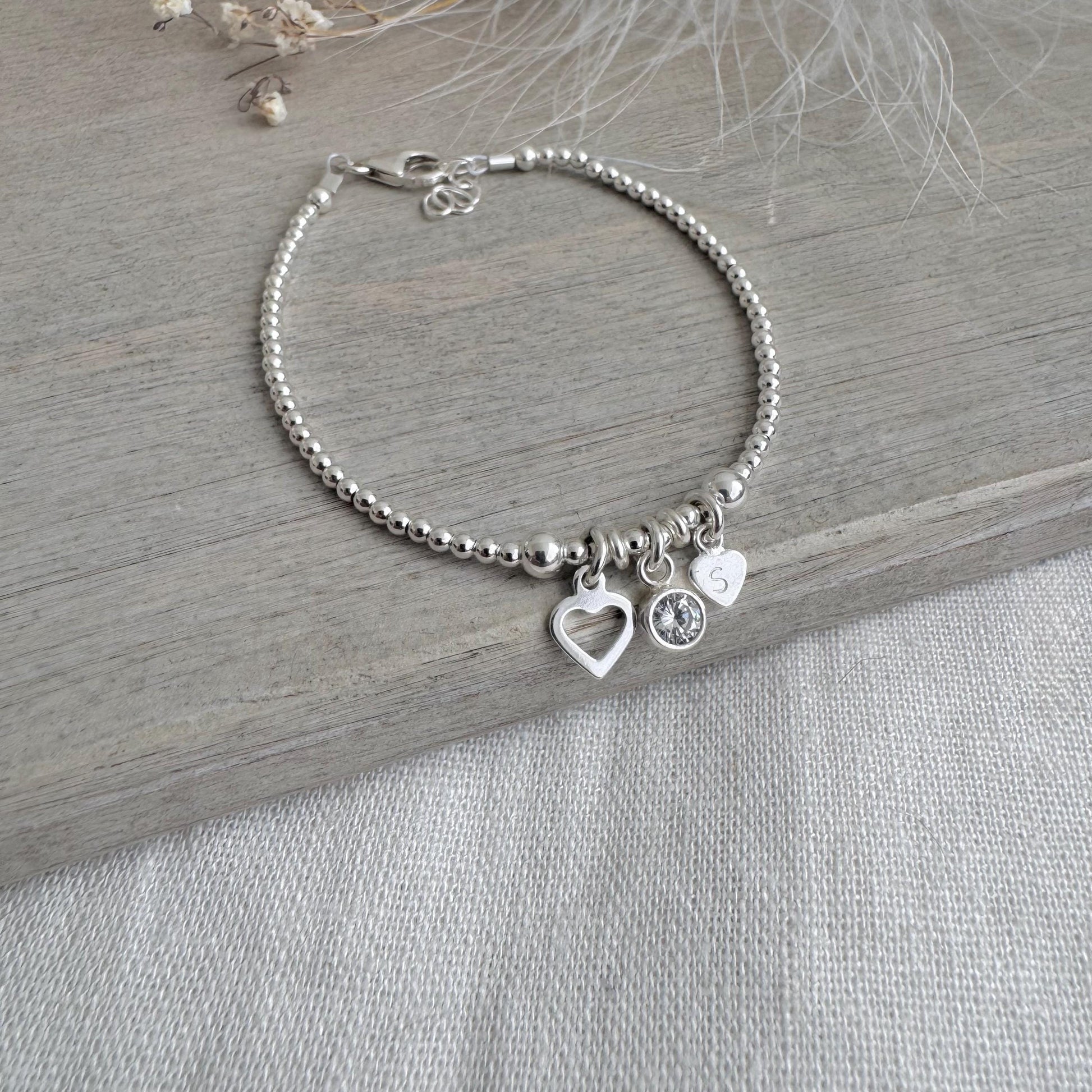 Personalised April Birthstone Bracelet for Birthday, Initial & Gem Crystal Charm in Sterling Silver