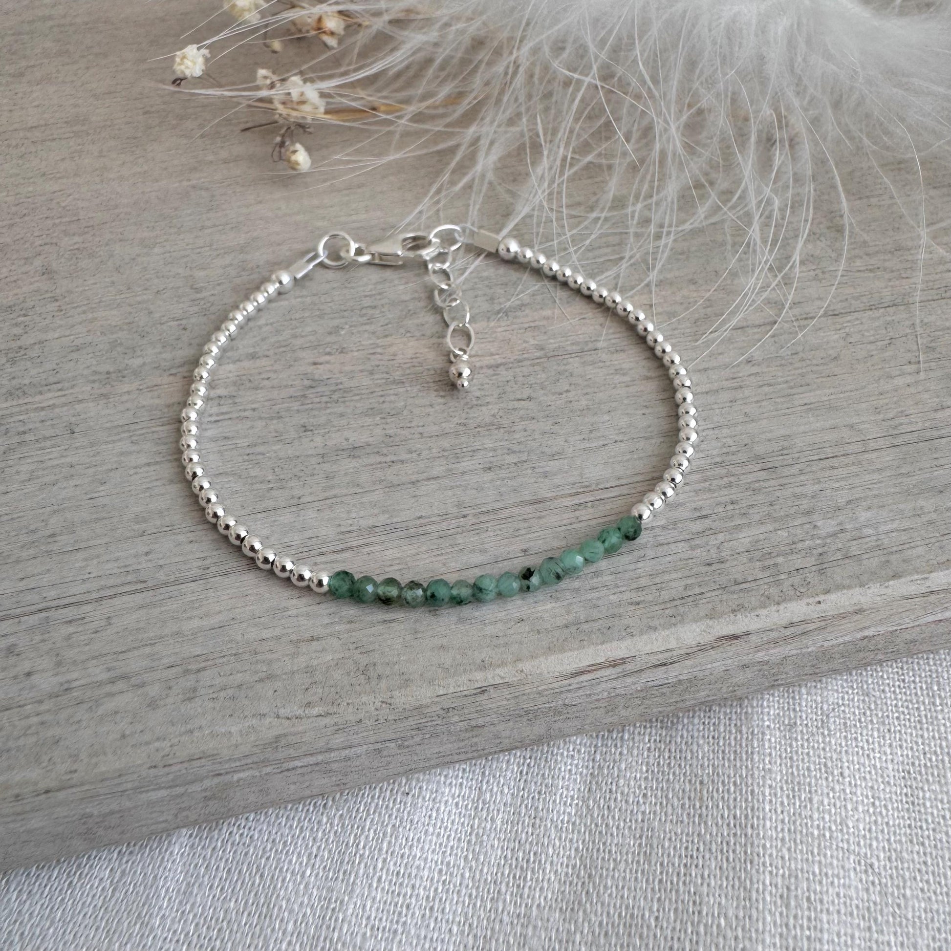 Green Emerald May Birthstone Bracelet, dainty stacking bracelet in sterling silver