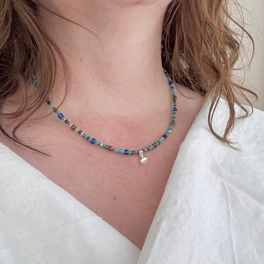 Shell Charm Blue Necklace for holiday, Glass seed bead jewellery