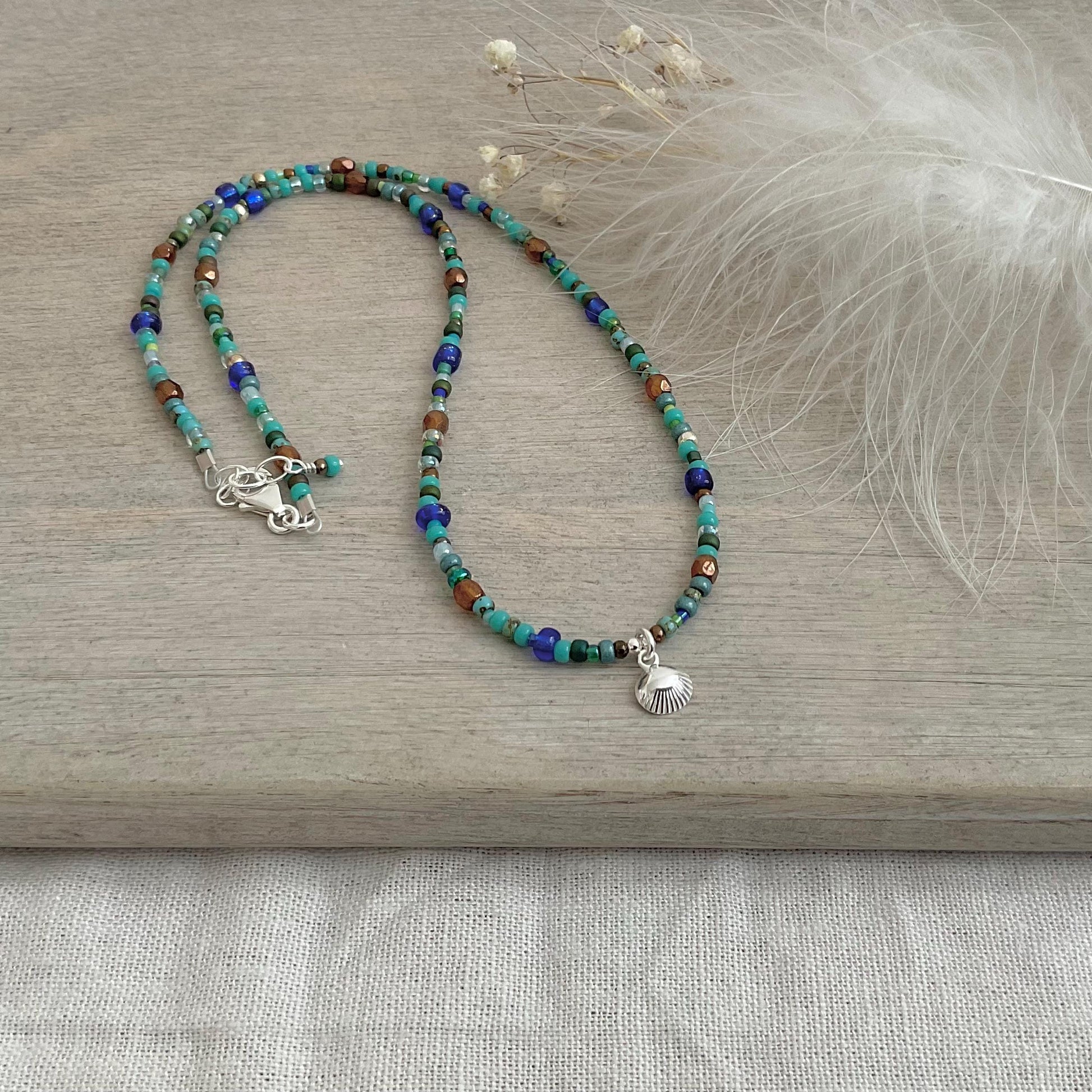 Shell Charm Blue Necklace for holiday, Glass seed bead jewellery
