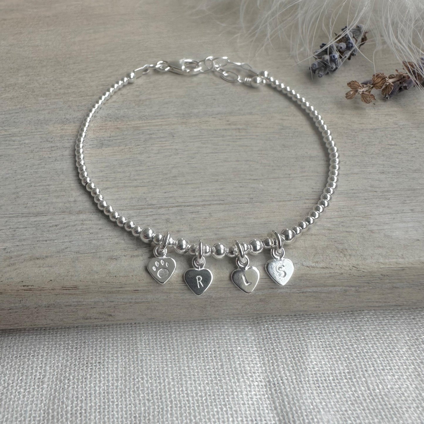 Pet Initials Personalised Initial Bracelet, Family Initials Paw Cat Dog lovers gift Dainty Sterling Silver Jewellery