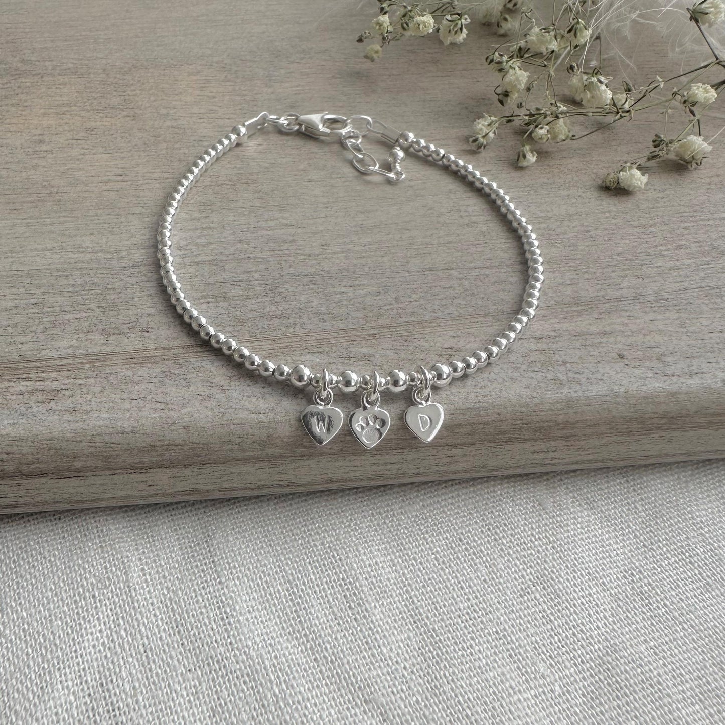 Pet Initials Personalised Initial Bracelet, Family Initials Paw Cat Dog lovers gift Dainty Sterling Silver Jewellery