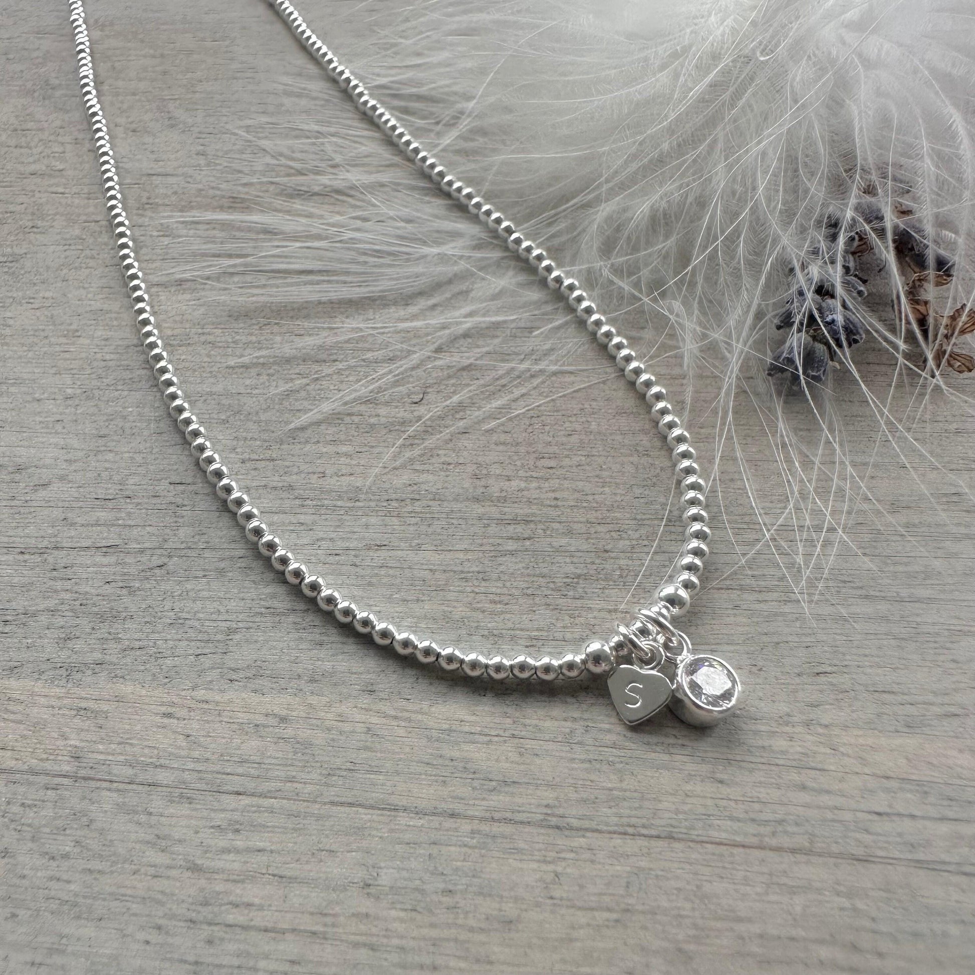 April Birthstone beaded necklace, personalised dainty Sterling Silver CZ Beaded Jewellery