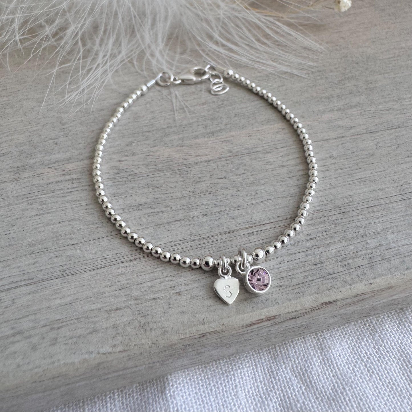 Dainty June Birthstone Initial Bracelet, Personalised Cubic Zirconia Sterling Silver