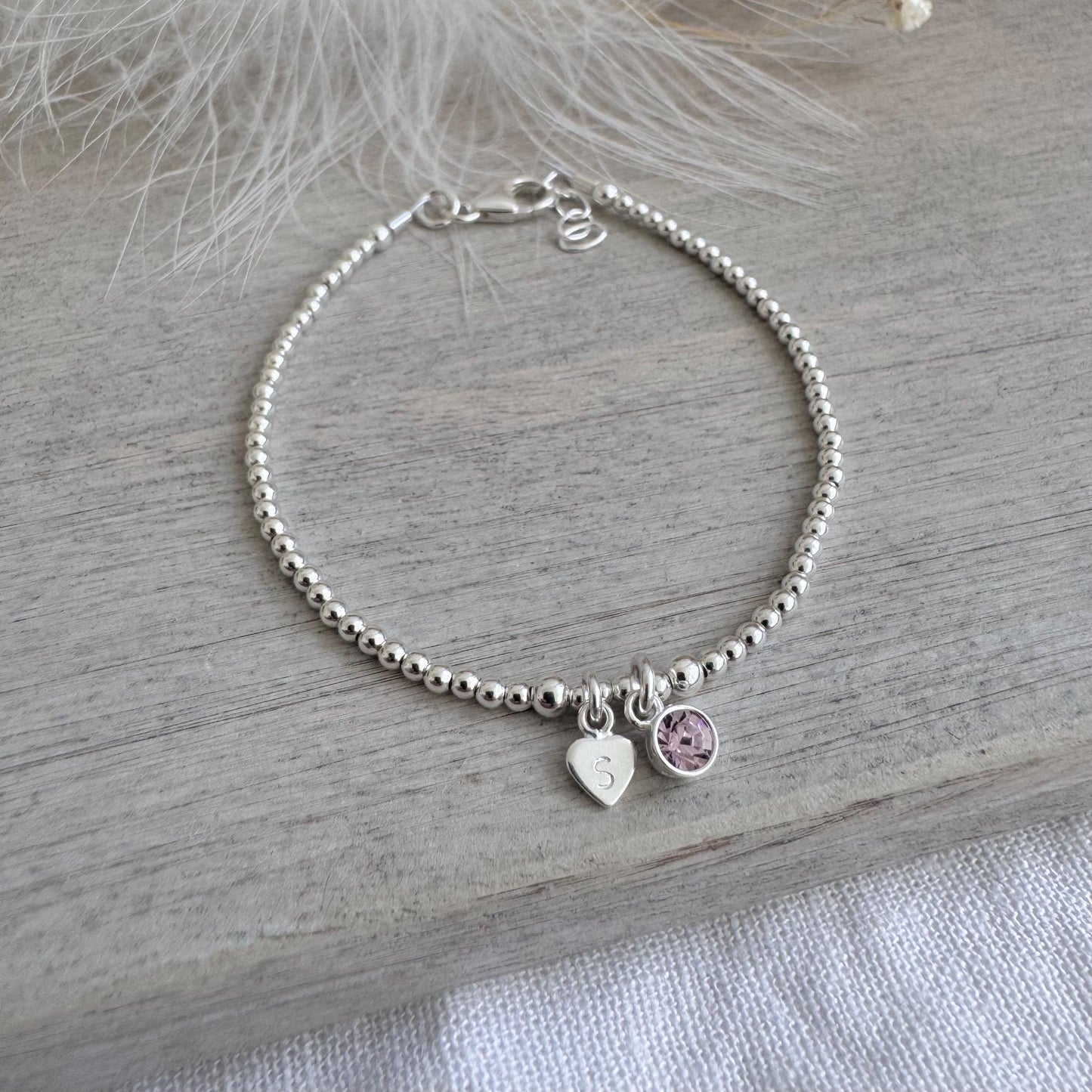 Dainty June Birthstone Initial Bracelet, Personalised Cubic Zirconia Sterling Silver