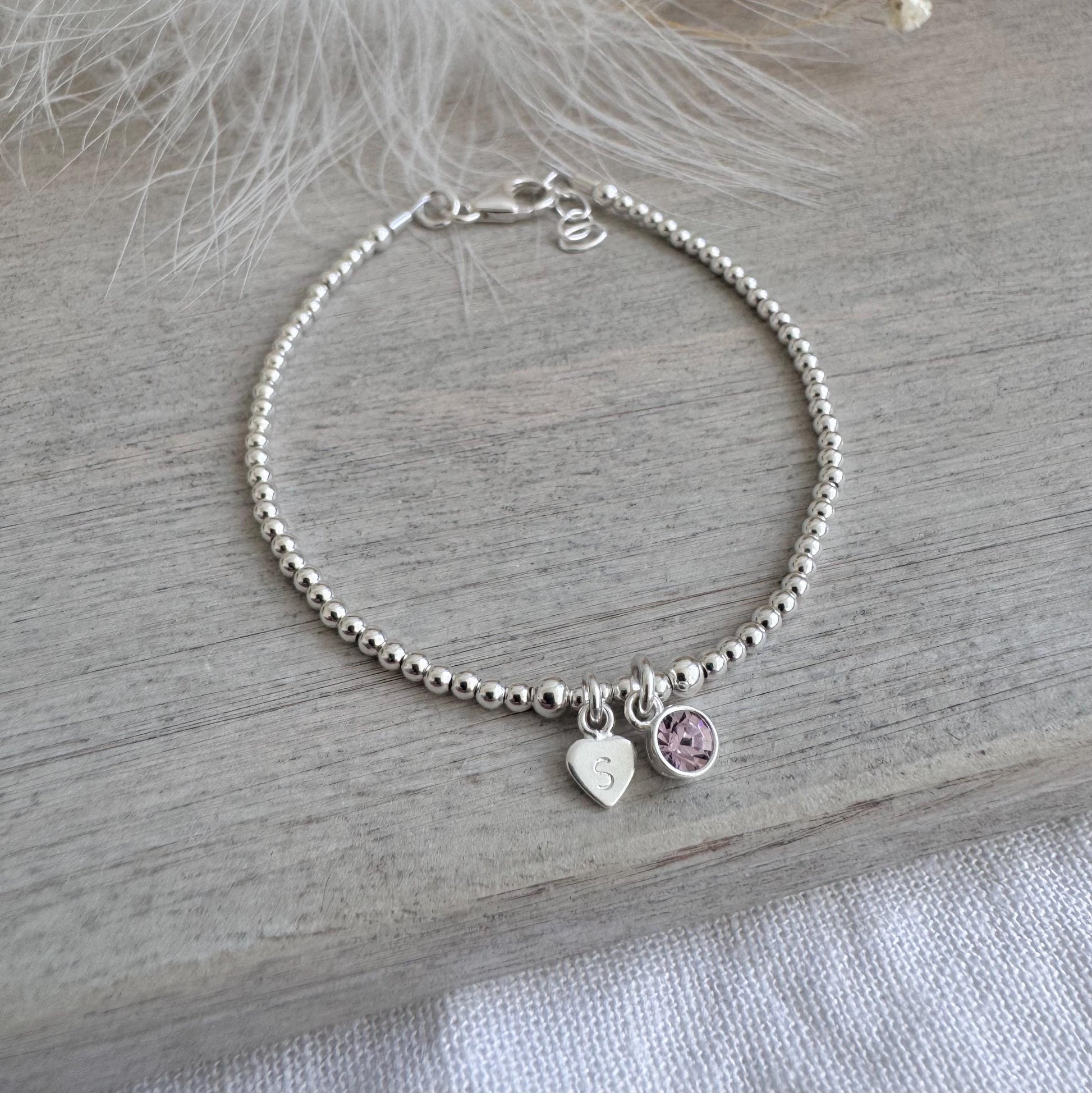 Dainty June Birthstone Initial Bracelet, Personalised Cubic Zirconia Sterling Silver