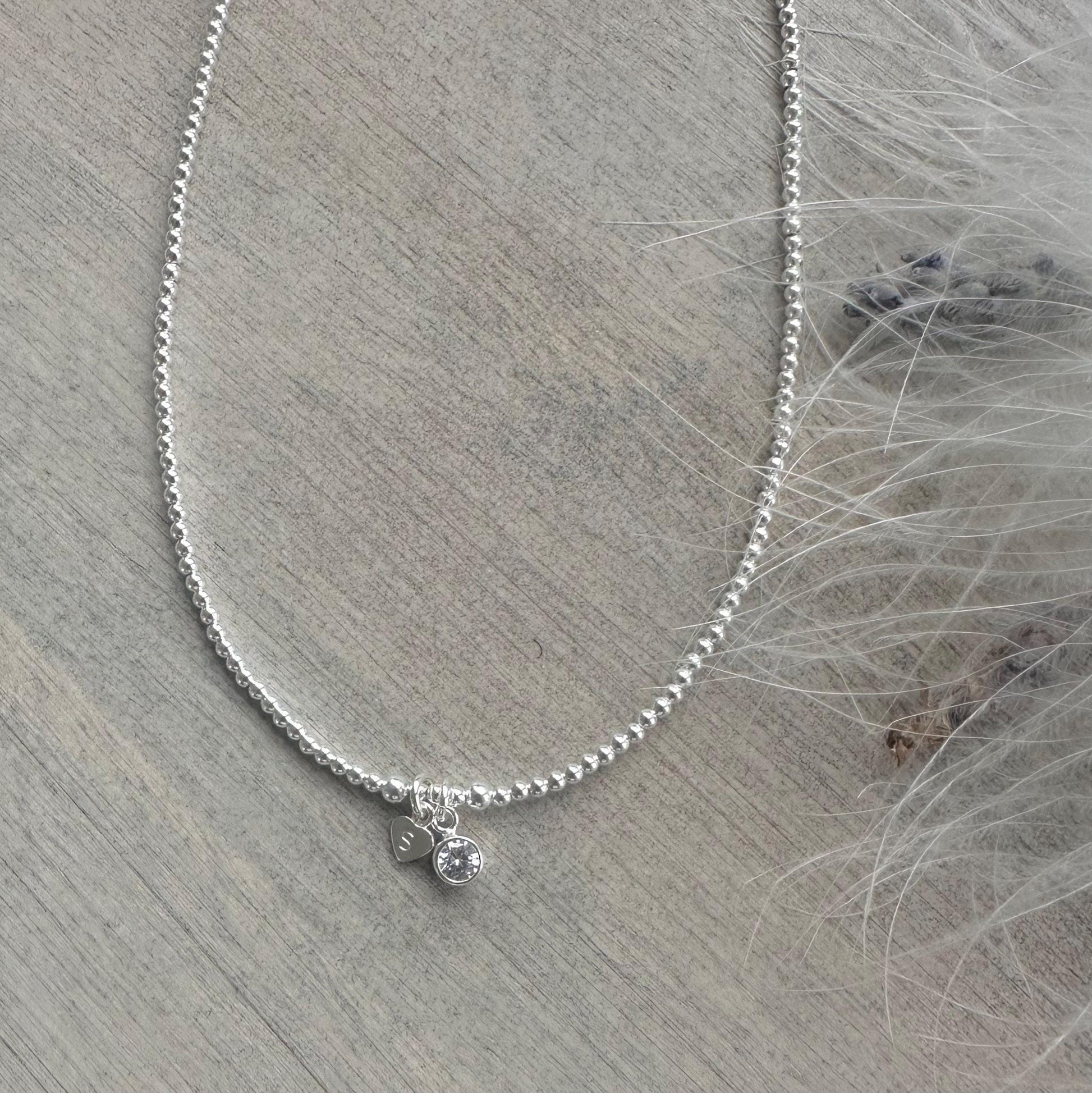April Birthstone beaded necklace, personalised dainty Sterling Silver CZ Beaded Jewellery