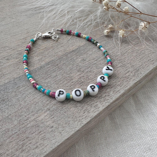Name Beaded Bracelet, Personalised Gift for teen girl birthday with glass letter beads in sterling silver