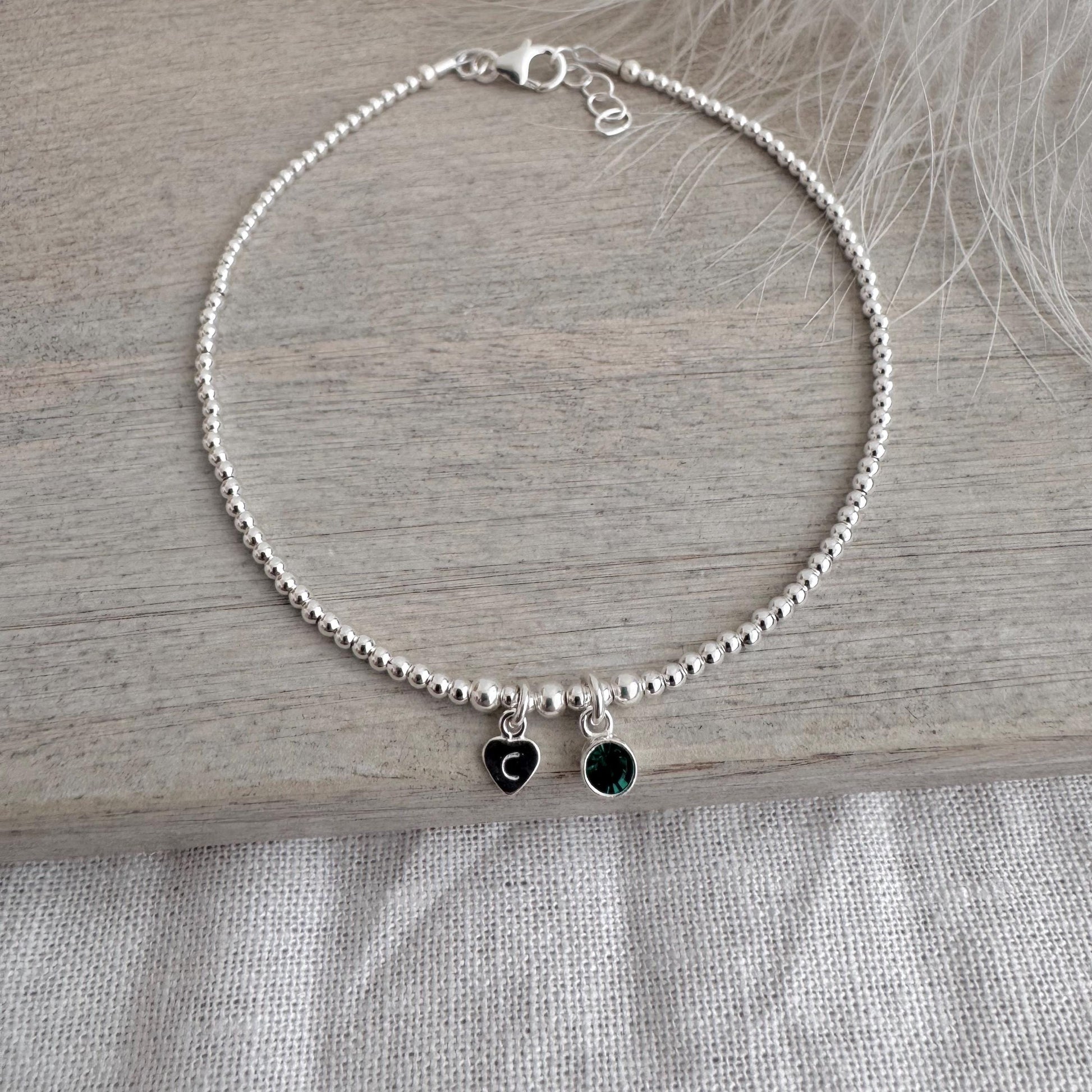 Personalised Birthstone Anklet in Sterling Silver with Heart Initial, Anklets for women