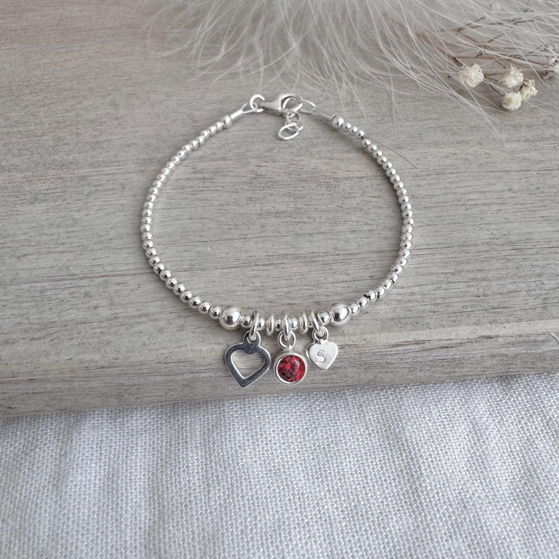 Personalised July Birthstone Bracelet for Birthday, Initial & Gem Crystal Charm in Sterling Silver