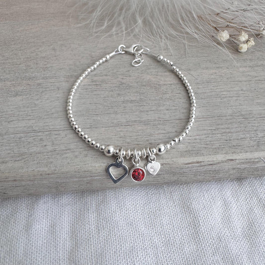 Personalised July Birthstone Bracelet for Birthday, Initial & Gem Crystal Charm in Sterling Silver