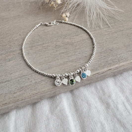 Personalised Cubic Zirconia Birthstone Charm Bracelet with Family Initials, Mothers Day Gift for Mum