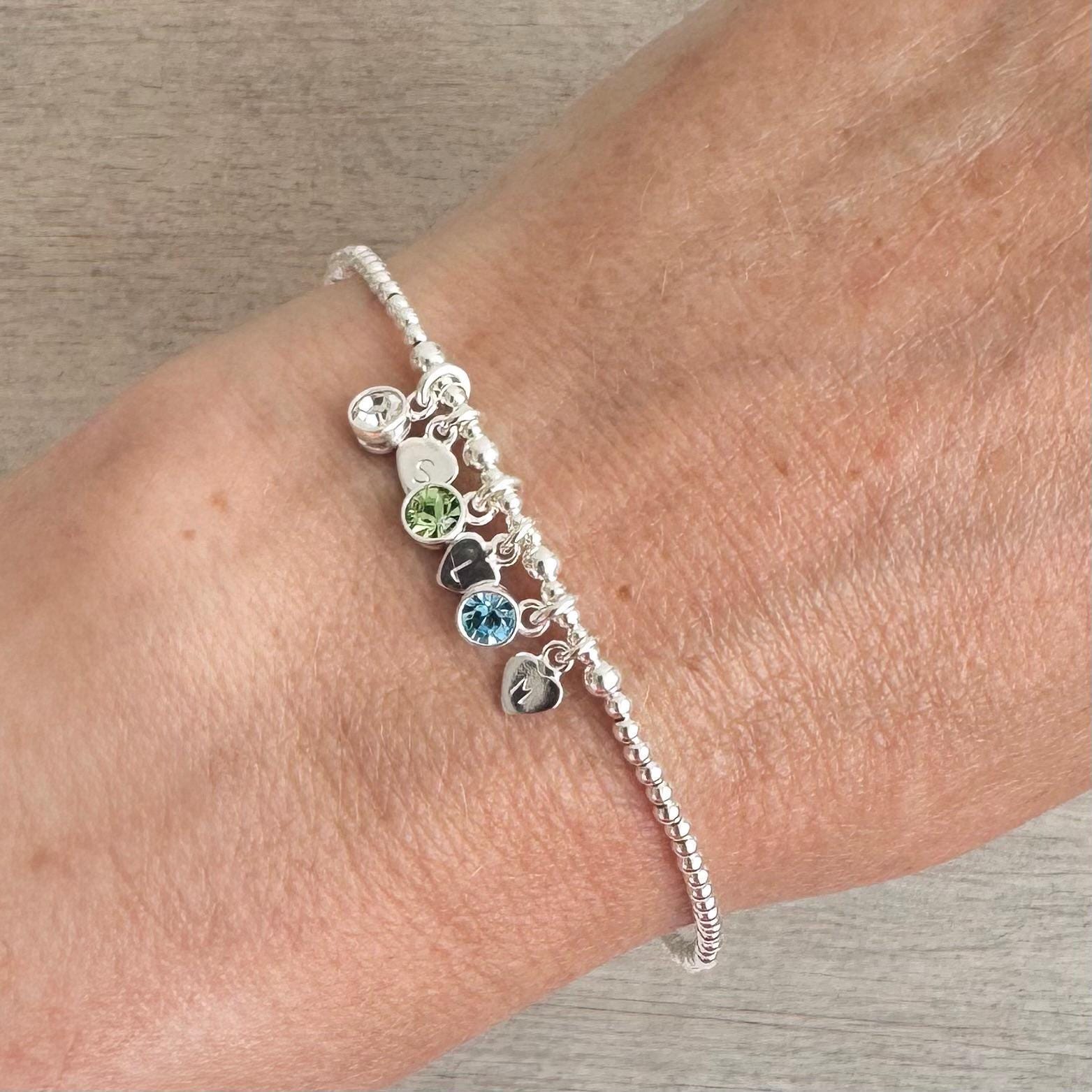 Personalised Cubic Zirconia Birthstone Charm Bracelet with Family Initials, Mothers Day Gift for Mum