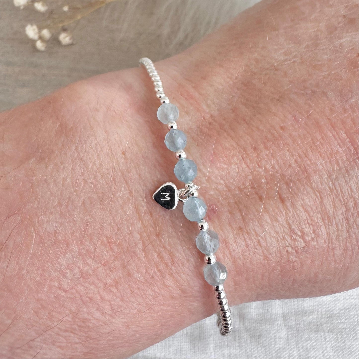 Personalised Aquamarine Bracelet, Dainty March Birthstone Jewellery in Sterling Silver