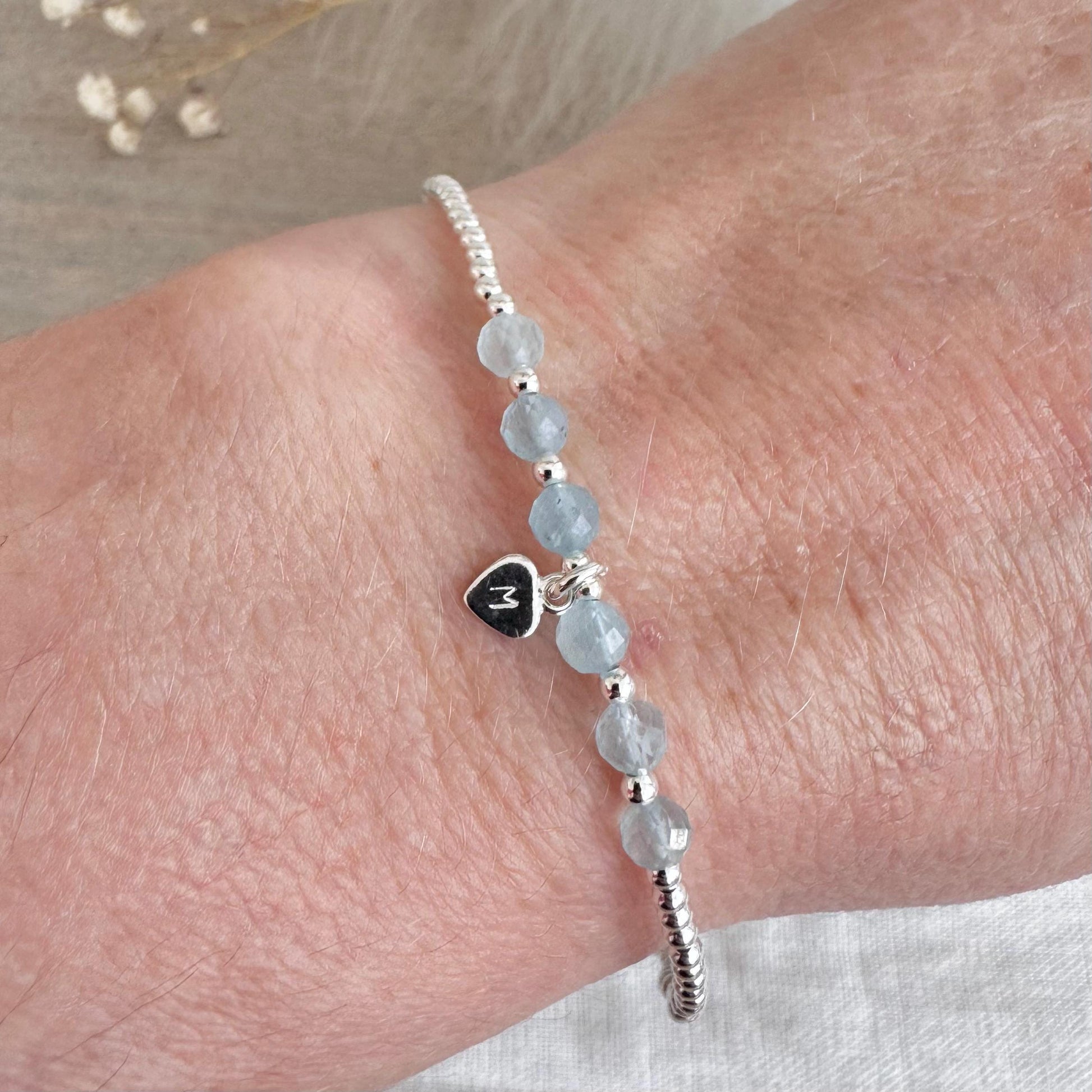 Personalised Aquamarine Bracelet, Dainty March Birthstone Jewellery in Sterling Silver