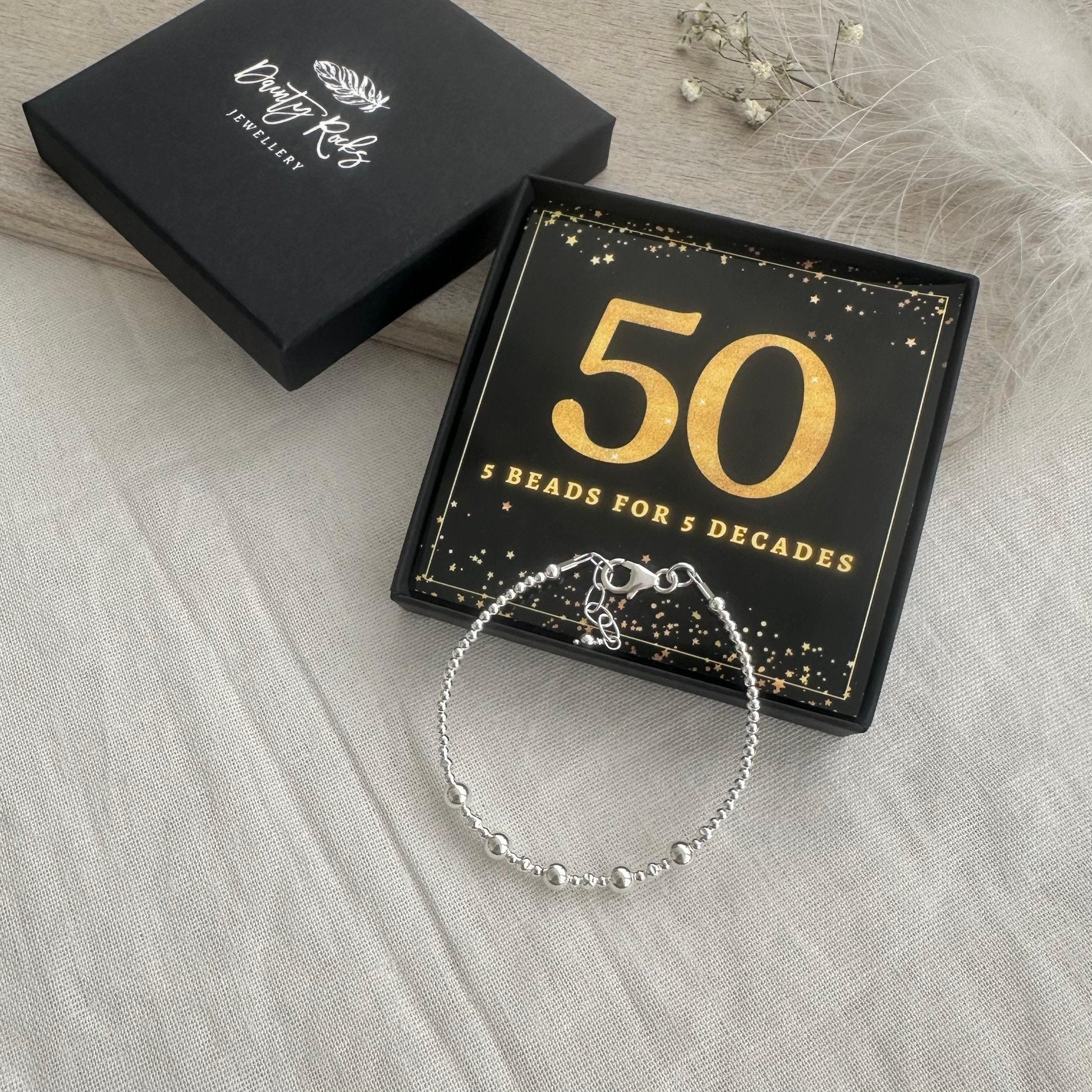 50th Birthday Gift 5 Beads 5 Decades Bracelet, Jewellery Gift for Her 50th in Sterling Silver