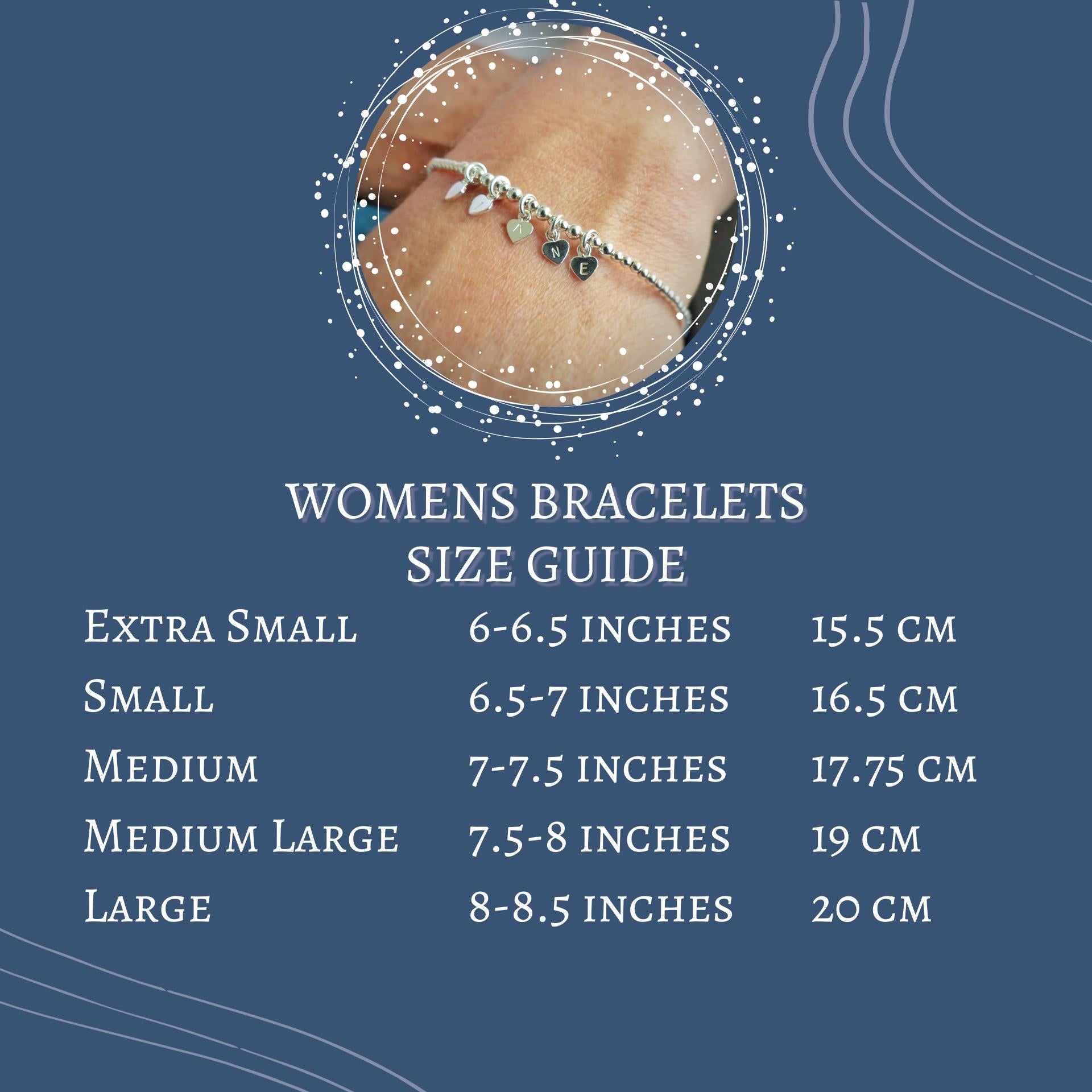 The image is a size guide for women's bracelets, providing measurements for different bracelet sizes ranging from extra small to large.