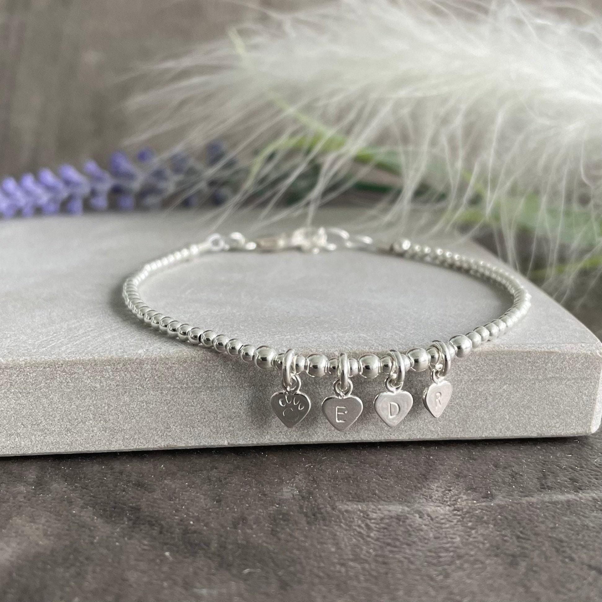 Pet Initials Personalised Initial Bracelet, Family Initials Paw Cat Dog lovers gift Dainty Sterling Silver Jewellery