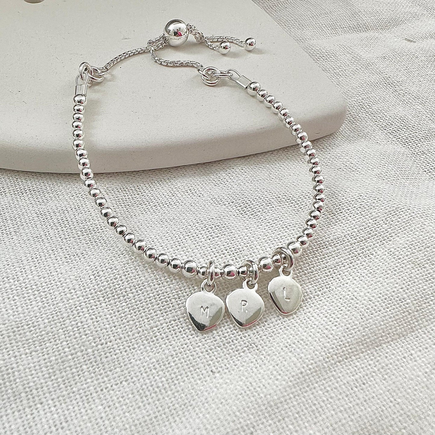 Personalised Silver Bracelet, Adjustable Slider Charm Bracelet with Family Initials