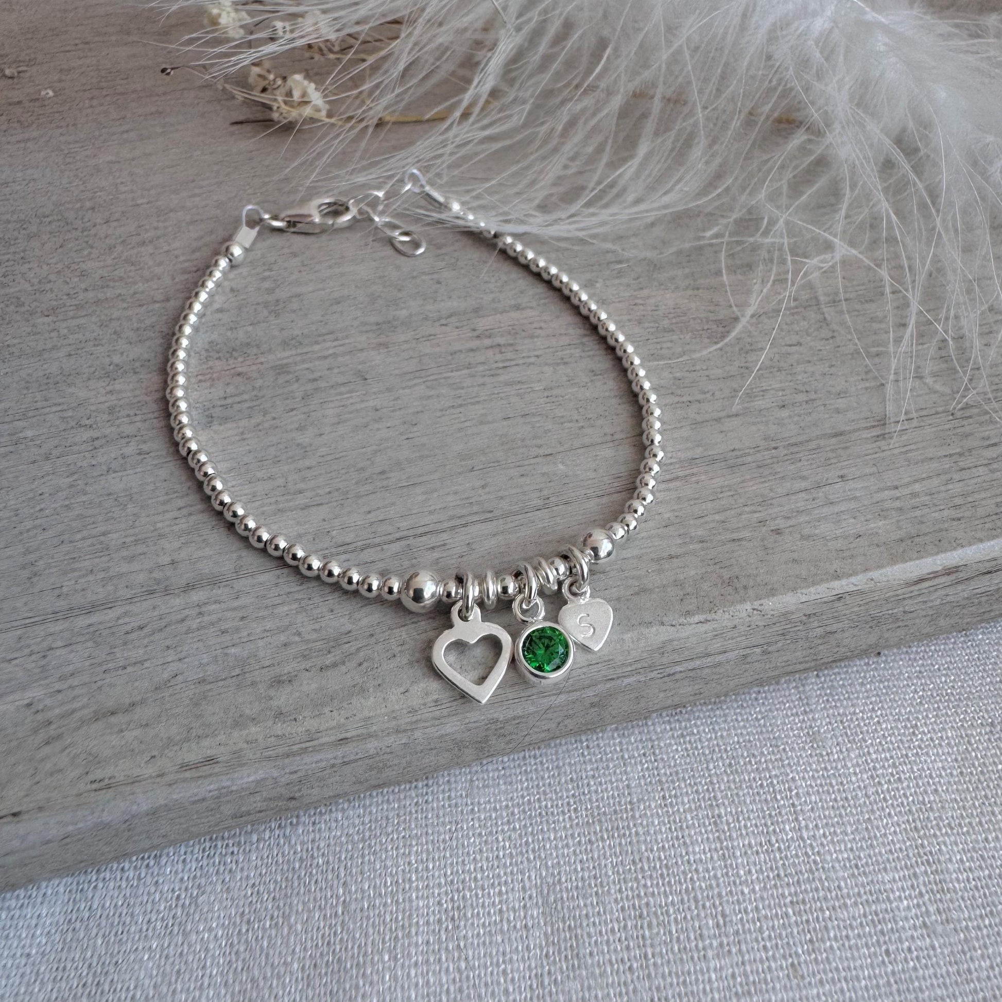Personalised May Birthstone Bracelet for Birthday, Initial & Gem Crystal Charm in Sterling Silver