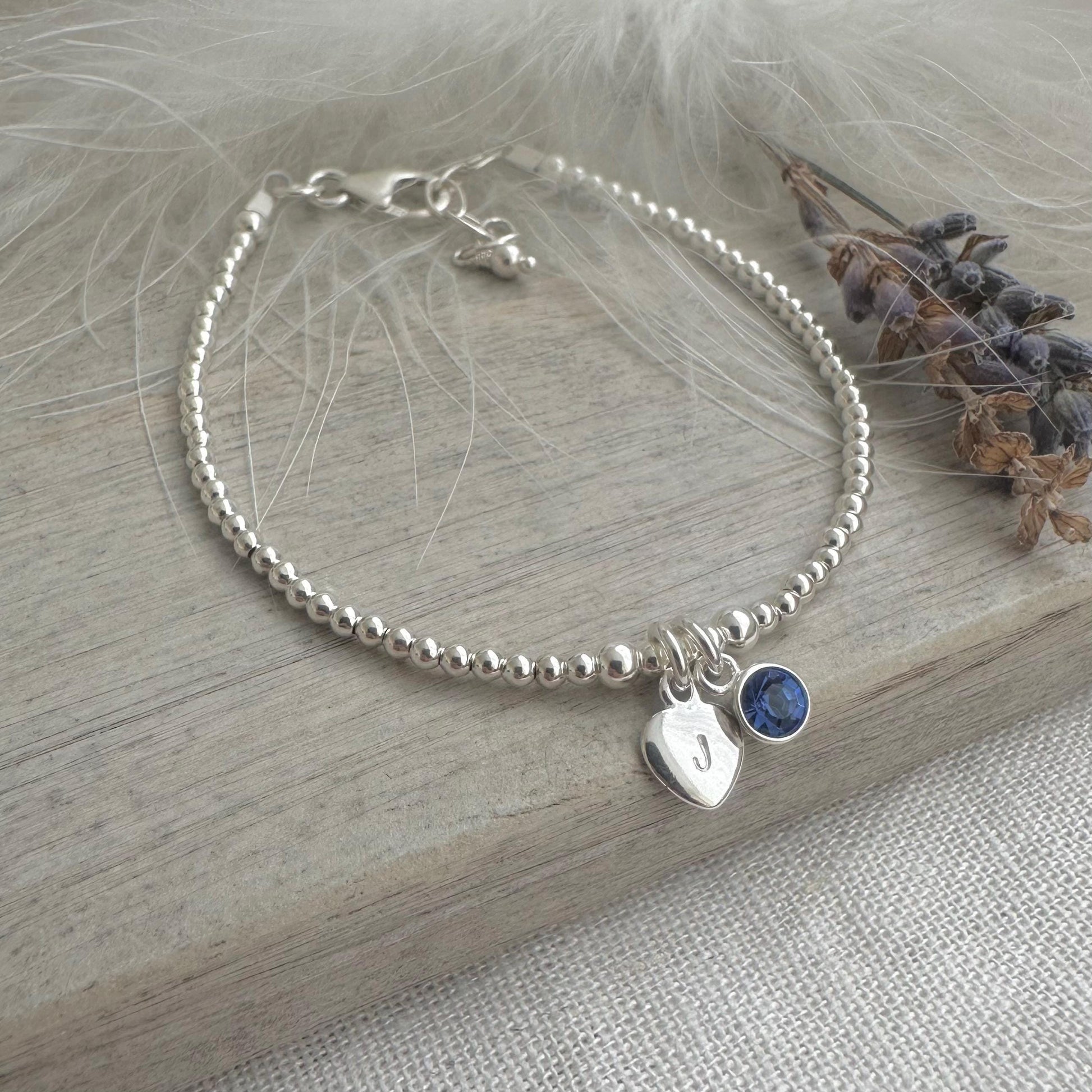 Birthstone Charm Initial Bracelet, Personalised Sterling Silver Jewellery for her birthday
