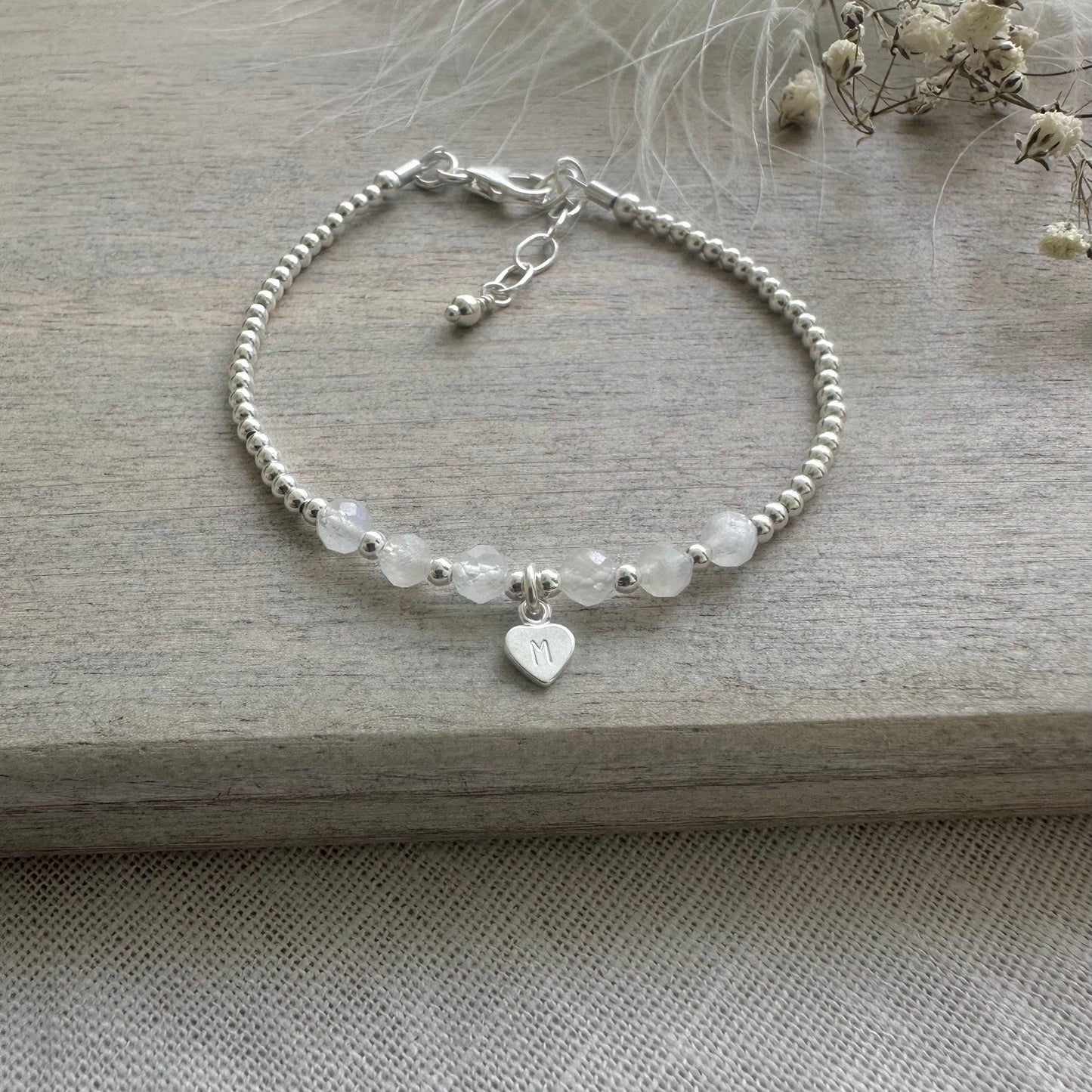 Personalised Moonstone Bracelet, Dainty June Birthstone Jewellery in Sterling Silver