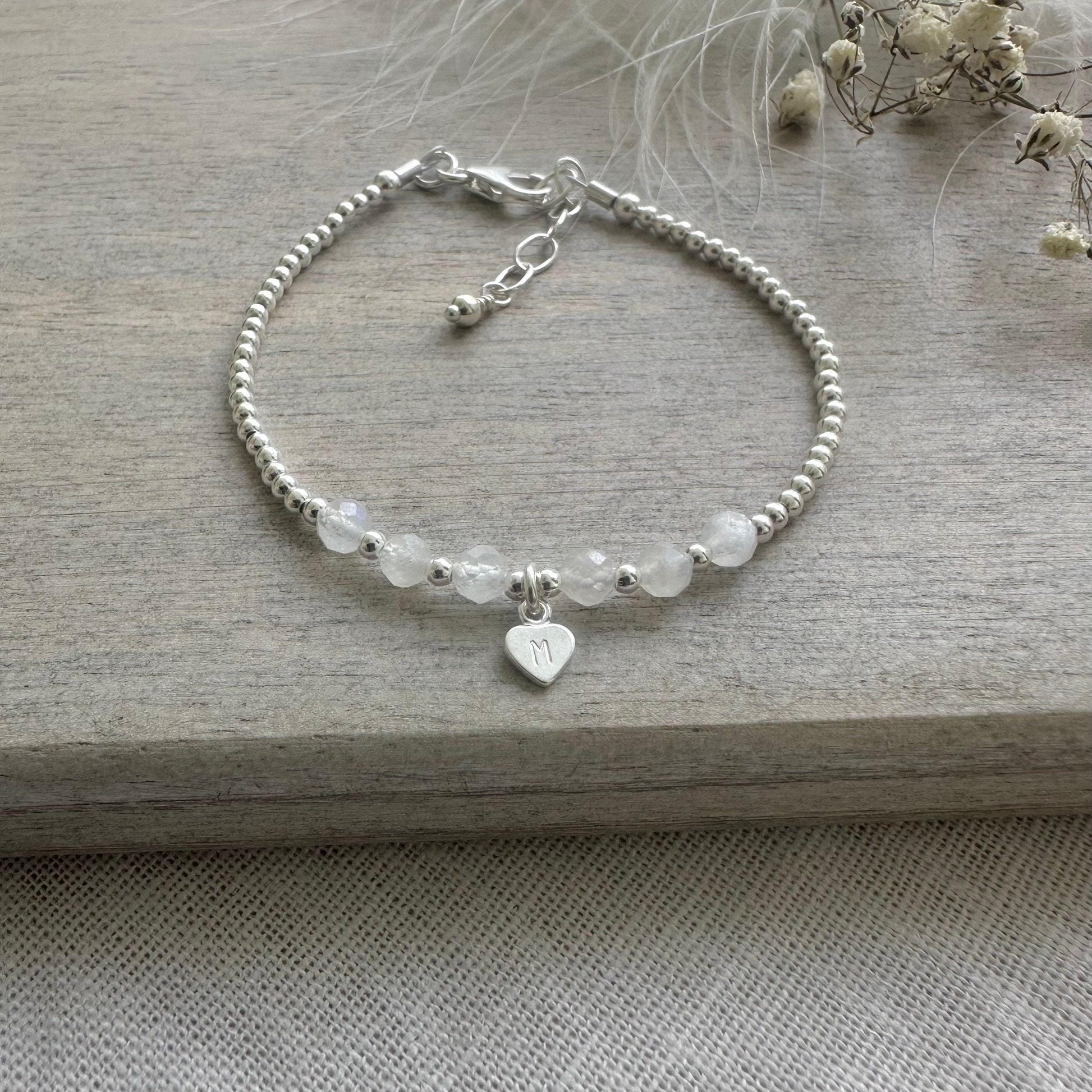 Personalised Moonstone Bracelet, Dainty June Birthstone Jewellery in Sterling Silver