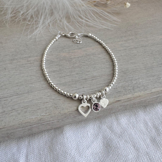Personalised June Birthstone Bracelet for Birthday, Initial & Gem Crystal Charm in Sterling Silver
