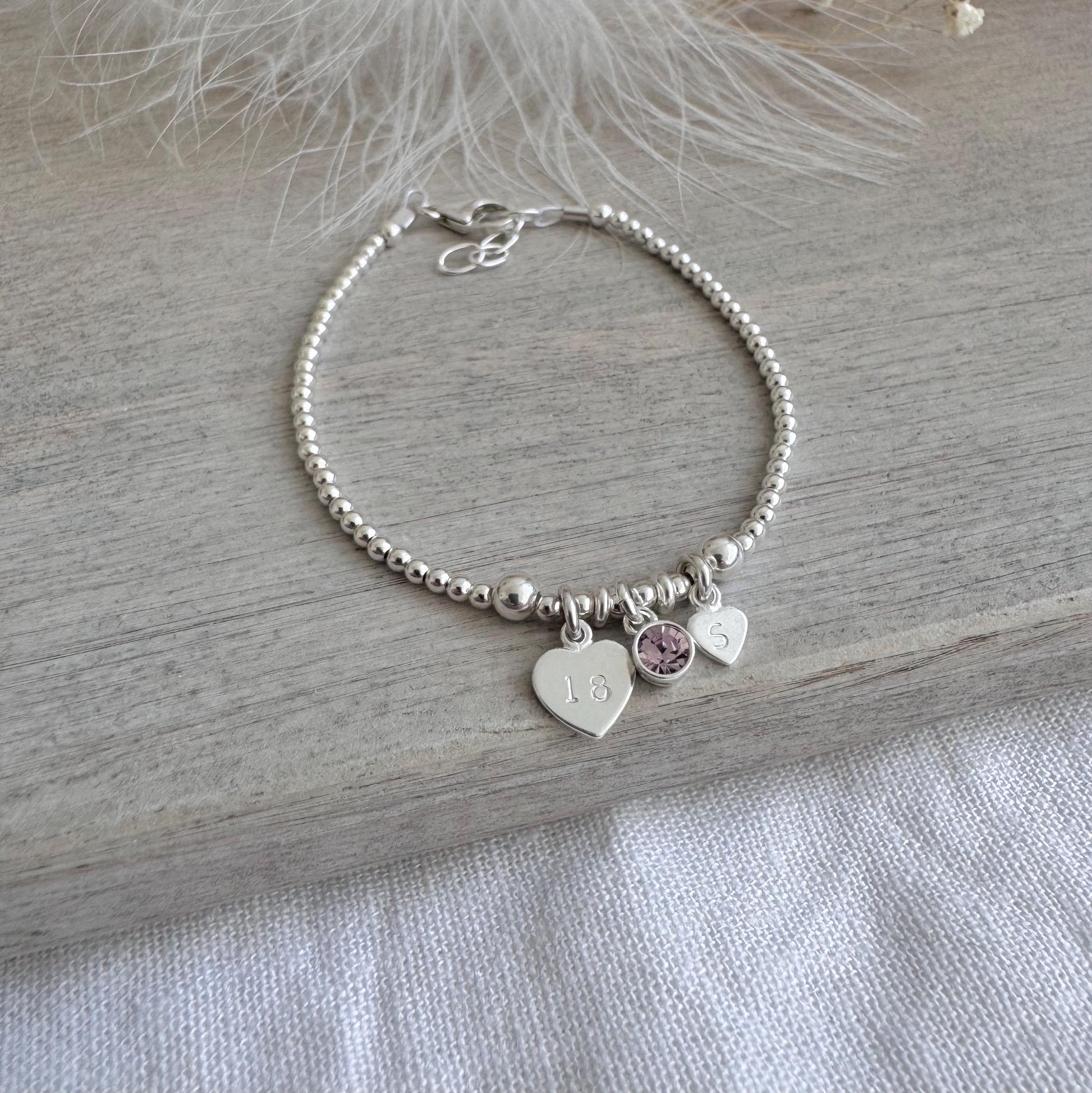 June Birthstone Bracelet for Milestone Birthday, Personalised Initial & Age in Sterling Silver for 18th 21st 30th 40th 50th 60th 70th