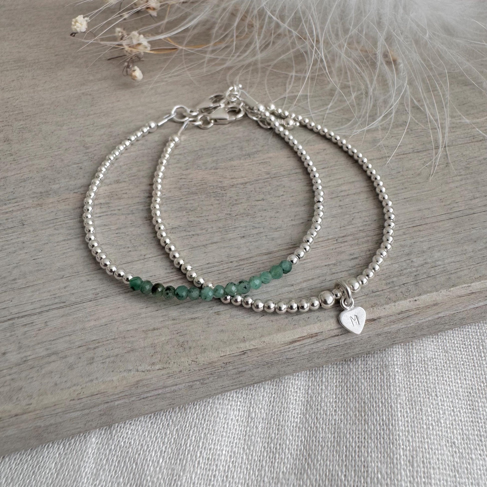 Personalised Green Emerald Bracelet Set, May Birthstone Jewellery
