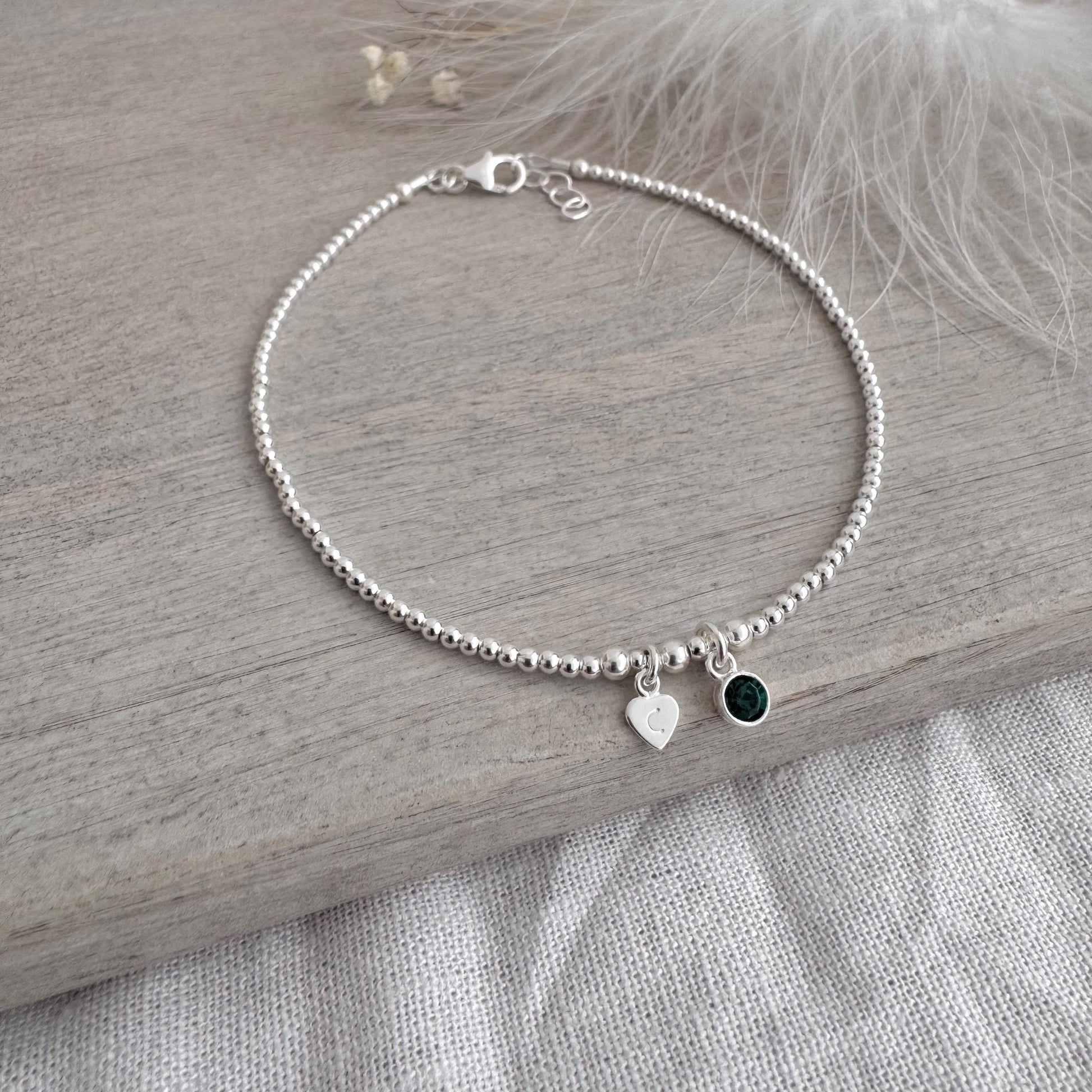 Personalised Birthstone Anklet in Sterling Silver with Heart Initial, Anklets for women